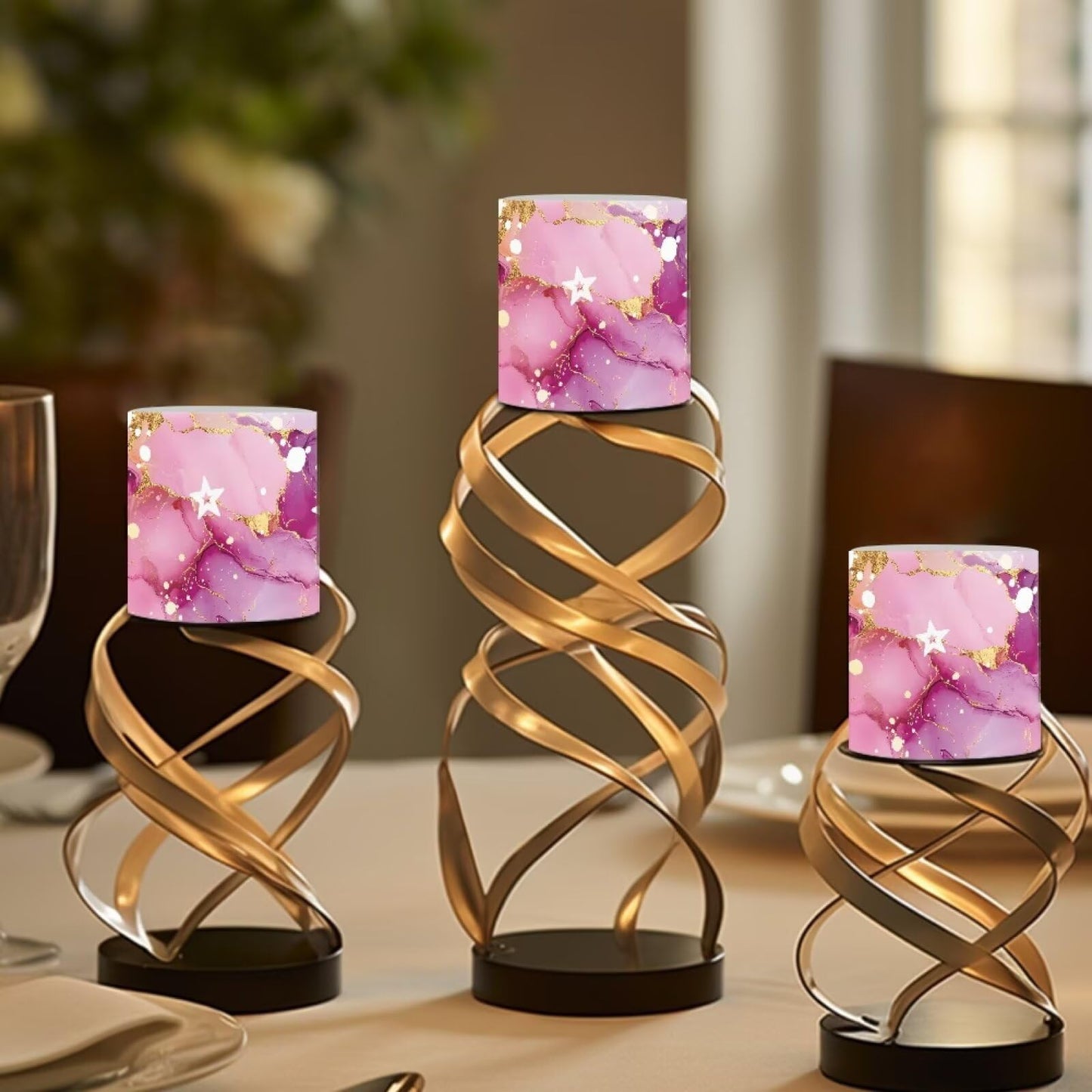 Cozeyat Floral Marble LED Candles Set of 4 Battery Powered Flameless with Remote Timer Flickering Flame Waterproof for Home Beach Garden Decor