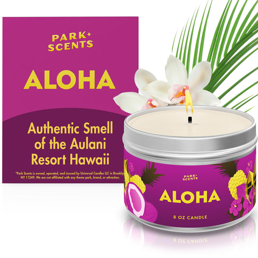 Park Scents Aloha Candle - Authentic Smell of The Hawaiian Aulani Resort Hotel Lobby - Soft Fruity Notes of Pineapple & Coconut - Handmade in The USA - Natural Soy Blend | 8 oz. Tin