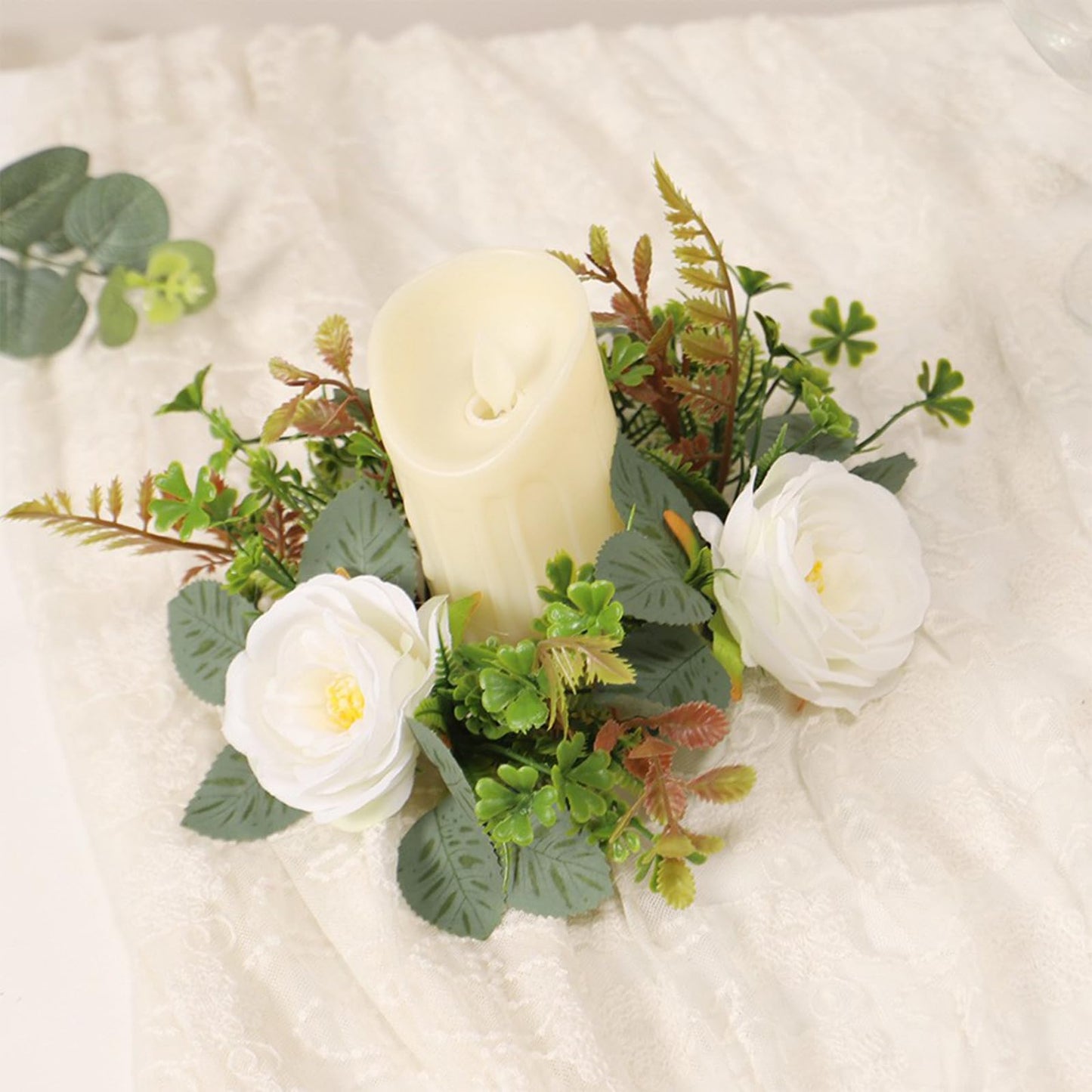 4 Pcs White Rose Candle Rings, Candle Rings Artificial Eucalyptus Leaves Wreaths Candle Rings Wreaths Greenery Wreath Candle Rings for Wedding Centerpiece Party Home Table Decor