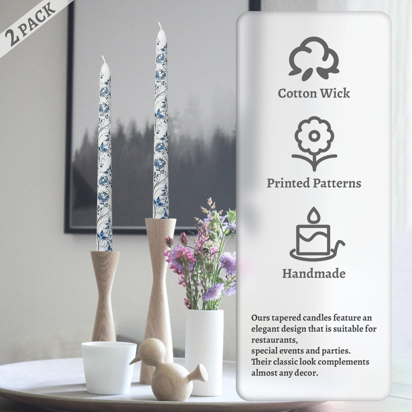 Floral Taper Candles 10 Inch Tall Unscented Handmade Blue and White Peony Pattern Print Long Burning Elegant Candlesticks for Wedding Dinner Home Decor