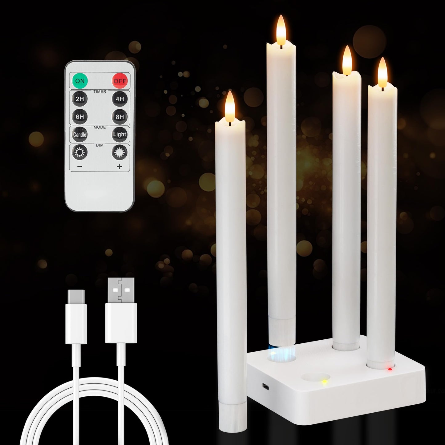 Rechargeable Flameless Taper Candles, Real Wax 9.6 Inch LED Candlesticks with Remote, flickering White Battery Operated Candles with Charging Station for Home, Holidays, Weddings, Party Decor, 4 Pack