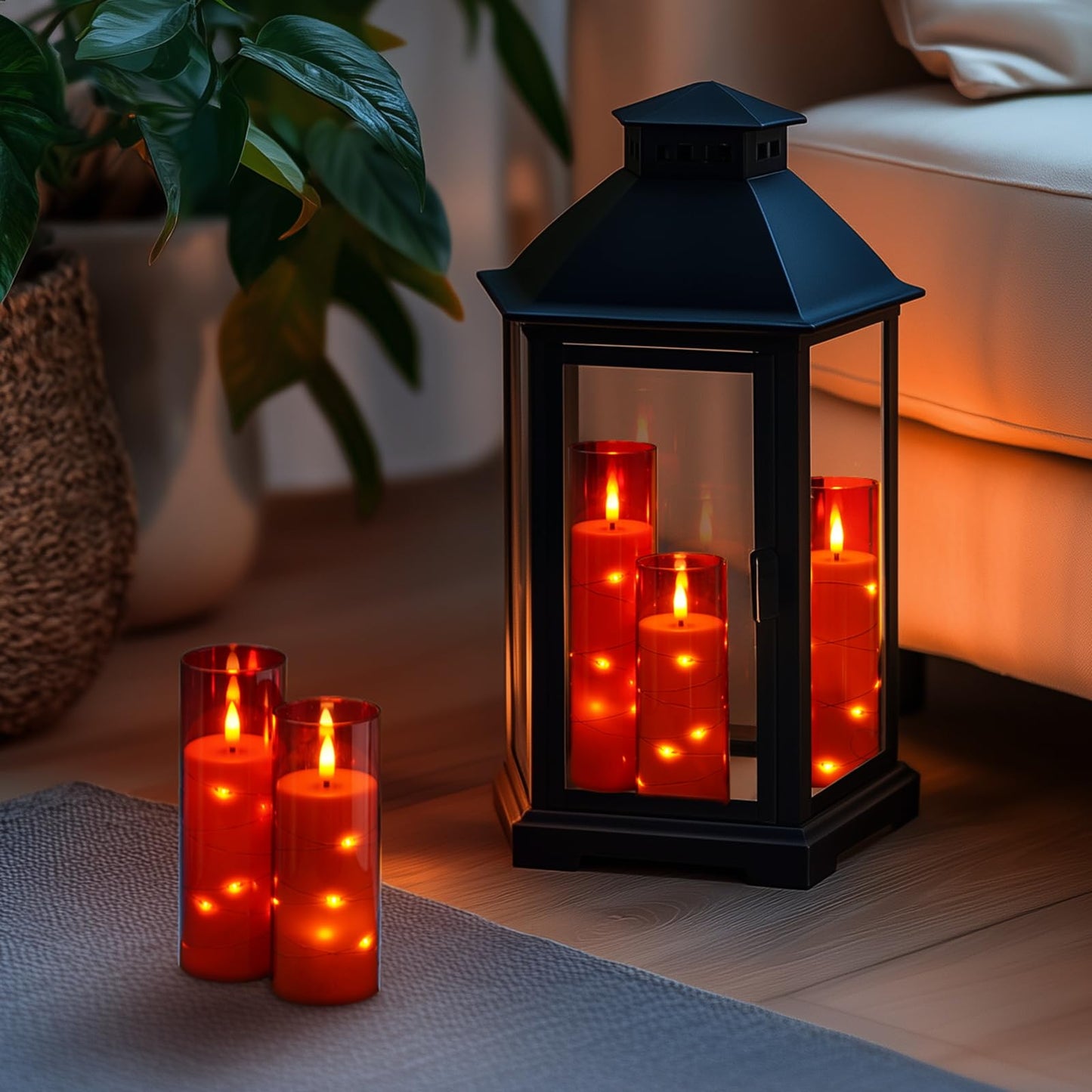 Homemory Acrylic Flameless Candles with Embedded Star String Fairy Lights, Battery Operated, LED Candles, Fake Candles with Remote Control and Timer, Red, Set of 5