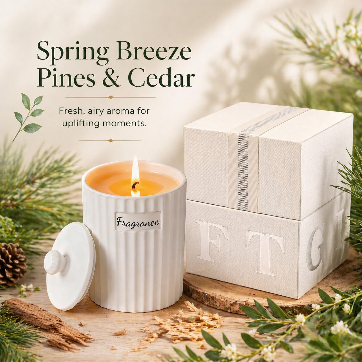 Viyffo 6.35oz Small Scented Candle - Spring Breeze Pines & Cedar, Ivory Non Toxic Soy Candle Gift for Women, Matte Ceramic Jar with Lid Candle, Luxury Fragrance, Elegant Spring Décor & Birthday Gift