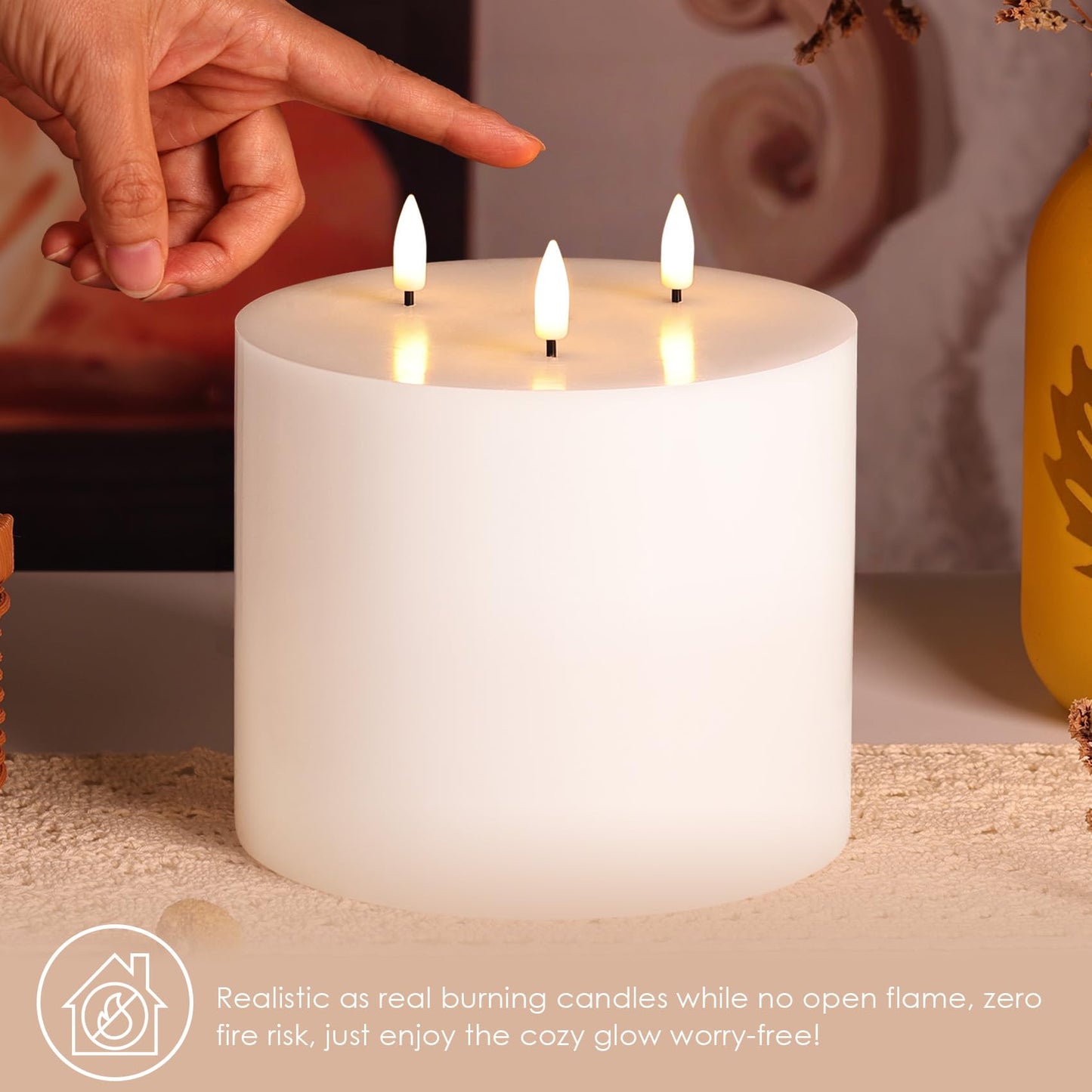 Girimax White 3 Wick Flameless Candle with Remote, 6x6 inch Giant LED Pillar Candle, Battery Operated Real Wax Flickering
