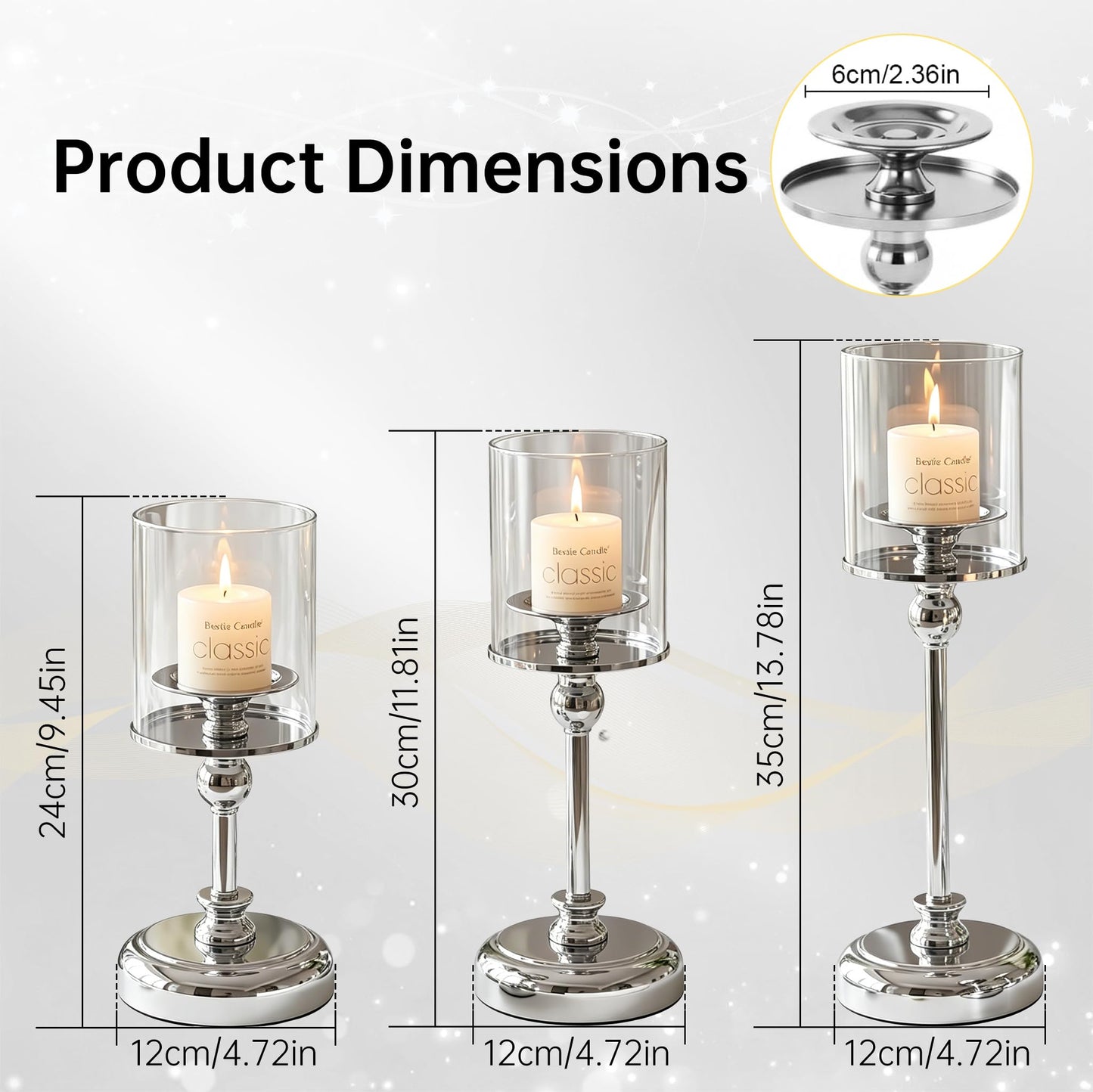 Oakernel Sliver Hurricane Candle Holders - Set of 6 Tall Candlestick Holders Windproof Taper Candle Holders, Metal Stand for Table Centerpiece Outdoor Indoor Wedding Party Holiday Decor