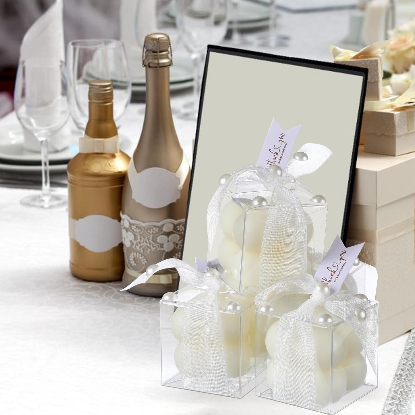Nuanchu 12 Sets Bridal Shower Favors White 1.6" Mini Bubble Candles Wedding Favors Gifts for Guests Aesthetic Bubble Candles Baby Shower Favor with Thank You Card Ribbon for DIY Baptism Gift