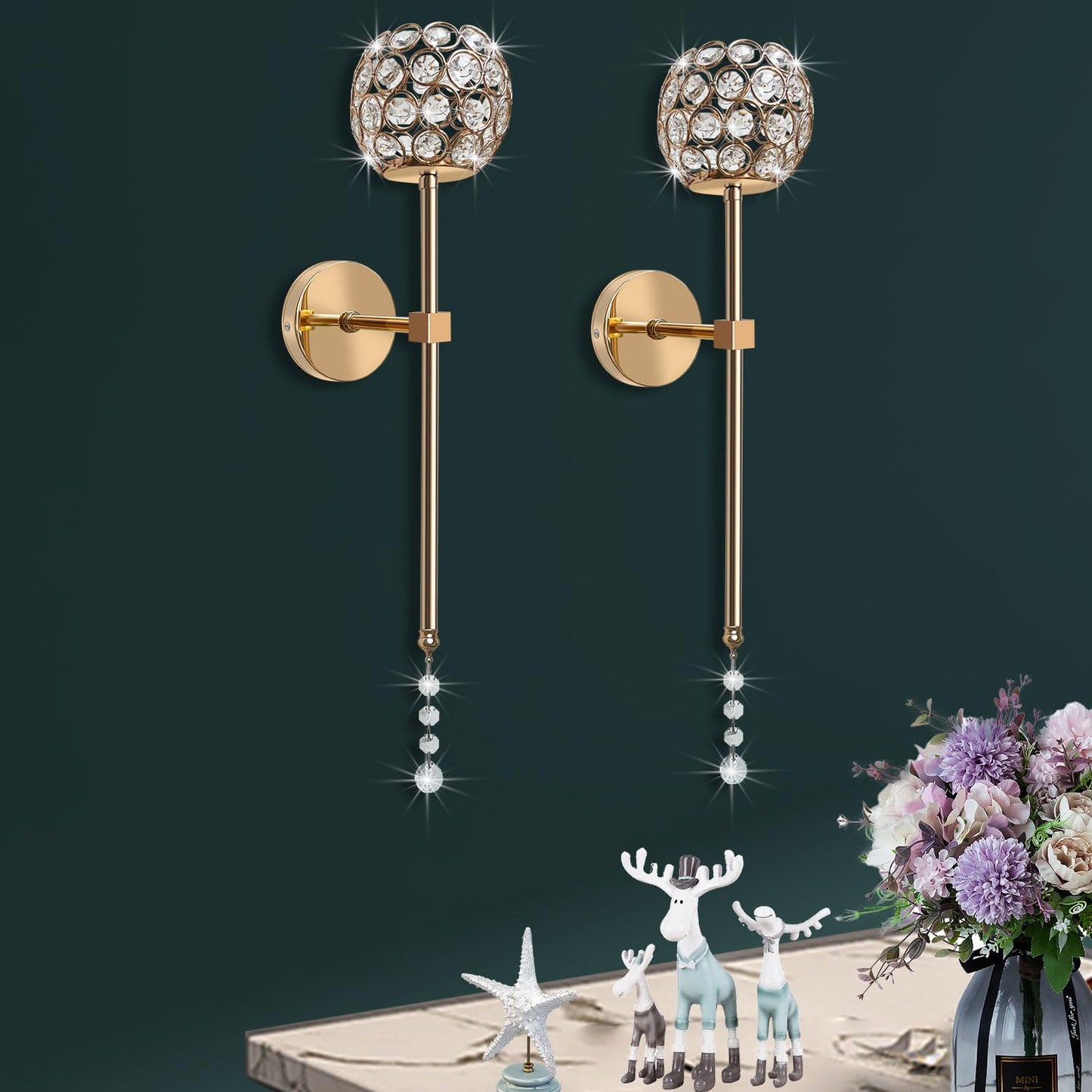 Crystal Candle Sconces for Wall Decorative Long Candle Holder Sconce Wall Art Home Decor for Bedroom Living Dining Room, Set of 2-Gold