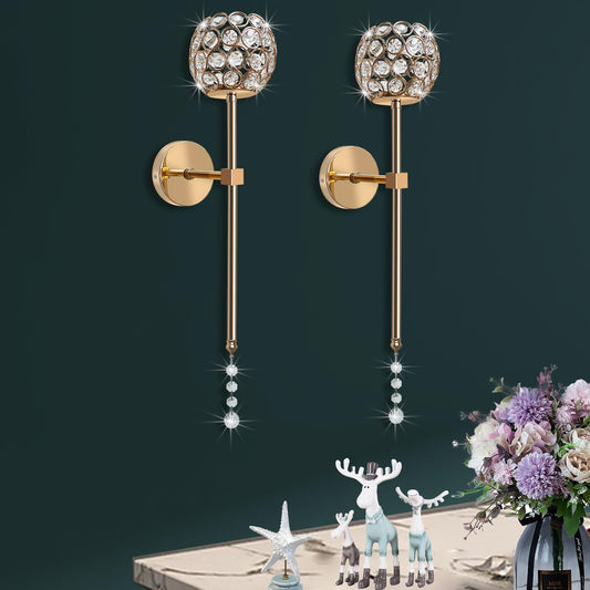 Crystal Candle Sconces for Wall Decorative Long Candle Holder Sconce Wall Art Home Decor for Bedroom Living Dining Room, Set of 2-Gold