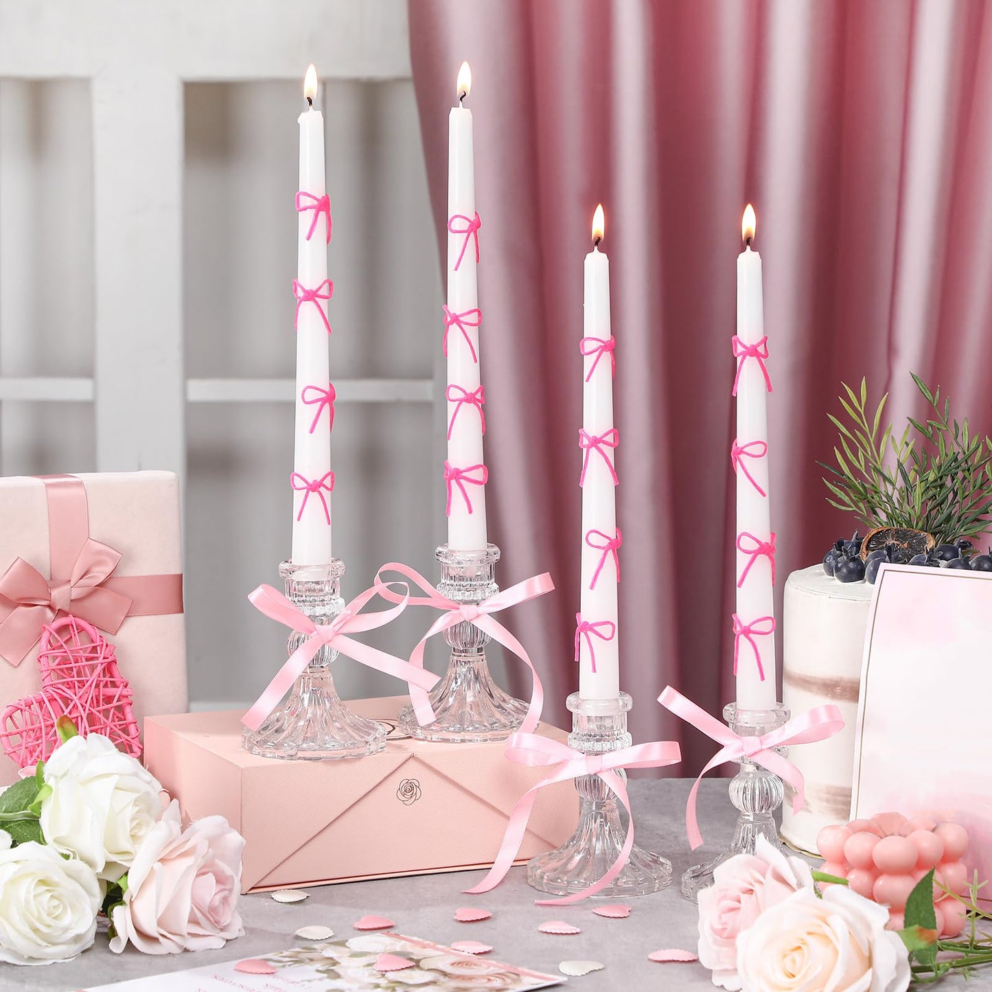 Conelist 12 Set Pink Bow Taper Candles Coquette Birthday Decoration Candles White Candlesticks with Wax Stick for Bridal Shower Wedding Dinner Decorations for Birthday Anniversary Party
