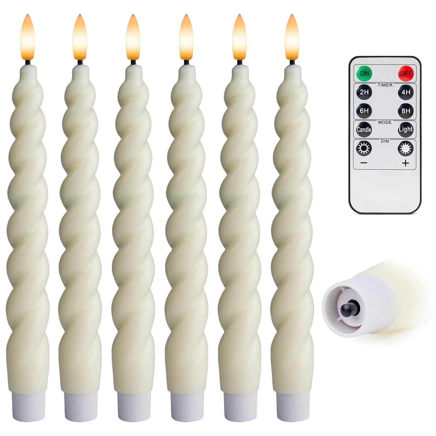 WYZworks 10" Flameless LED Taper Candles – Full Twisted Spiral – Ivory, Set of 6 – Remote, 2/4/6/8-Hr Timer (24-hr Memory), Bottom On/Off Button, Dimmable, Battery Operated, Flicker/Steady