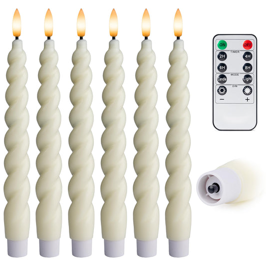 WYZworks 10" Flameless LED Taper Candles – Full Twisted Spiral – Ivory, Set of 6 – Remote, 2/4/6/8-Hr Timer (24-hr Memory), Bottom On/Off Button, Dimmable, Battery Operated, Flicker/Steady