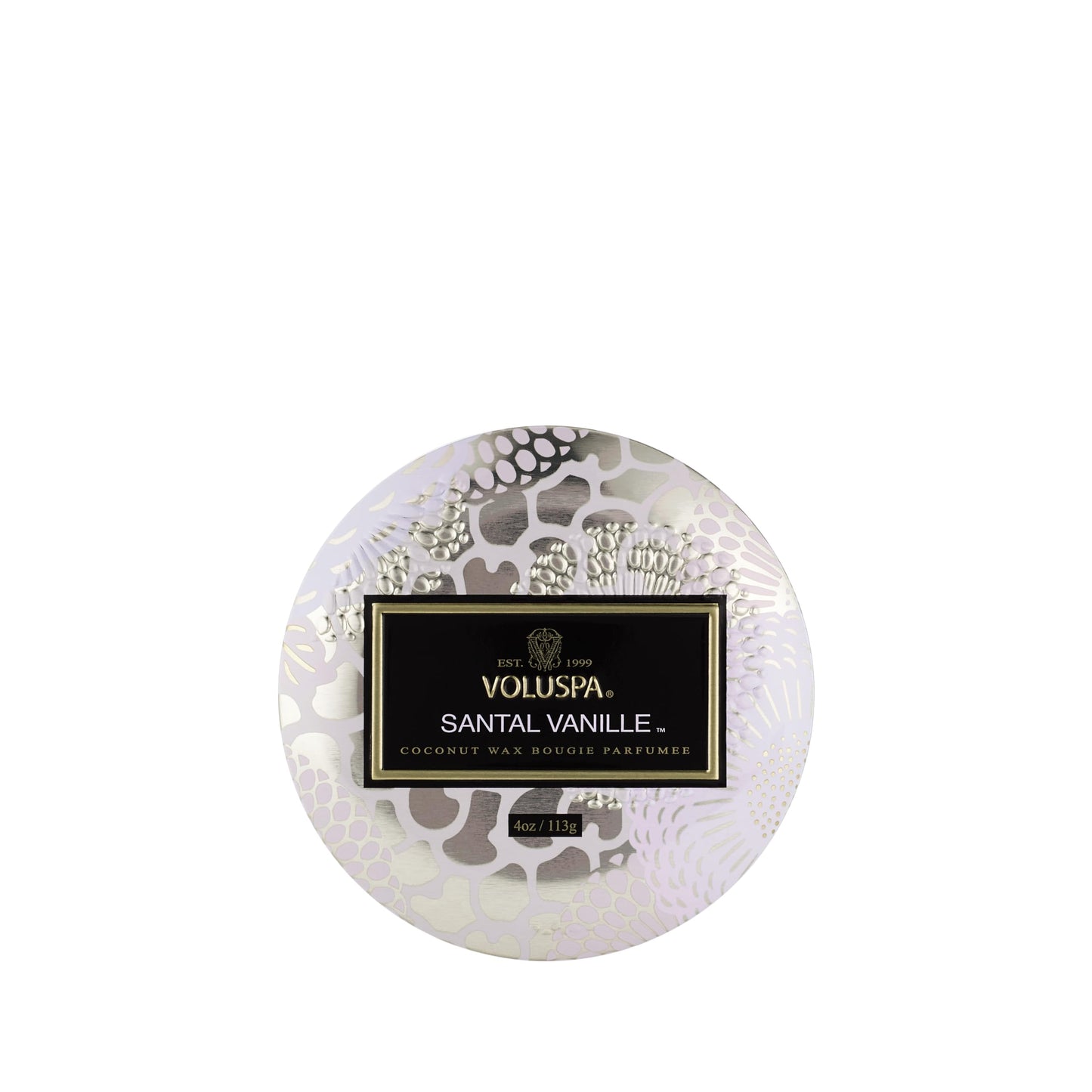 Voluspa Santal Vanille, Mini Tin Candle, 4 Ounce, 25 Hour Burn Time, Coconut Wax for Clean Burning, Handcrafted in the USA