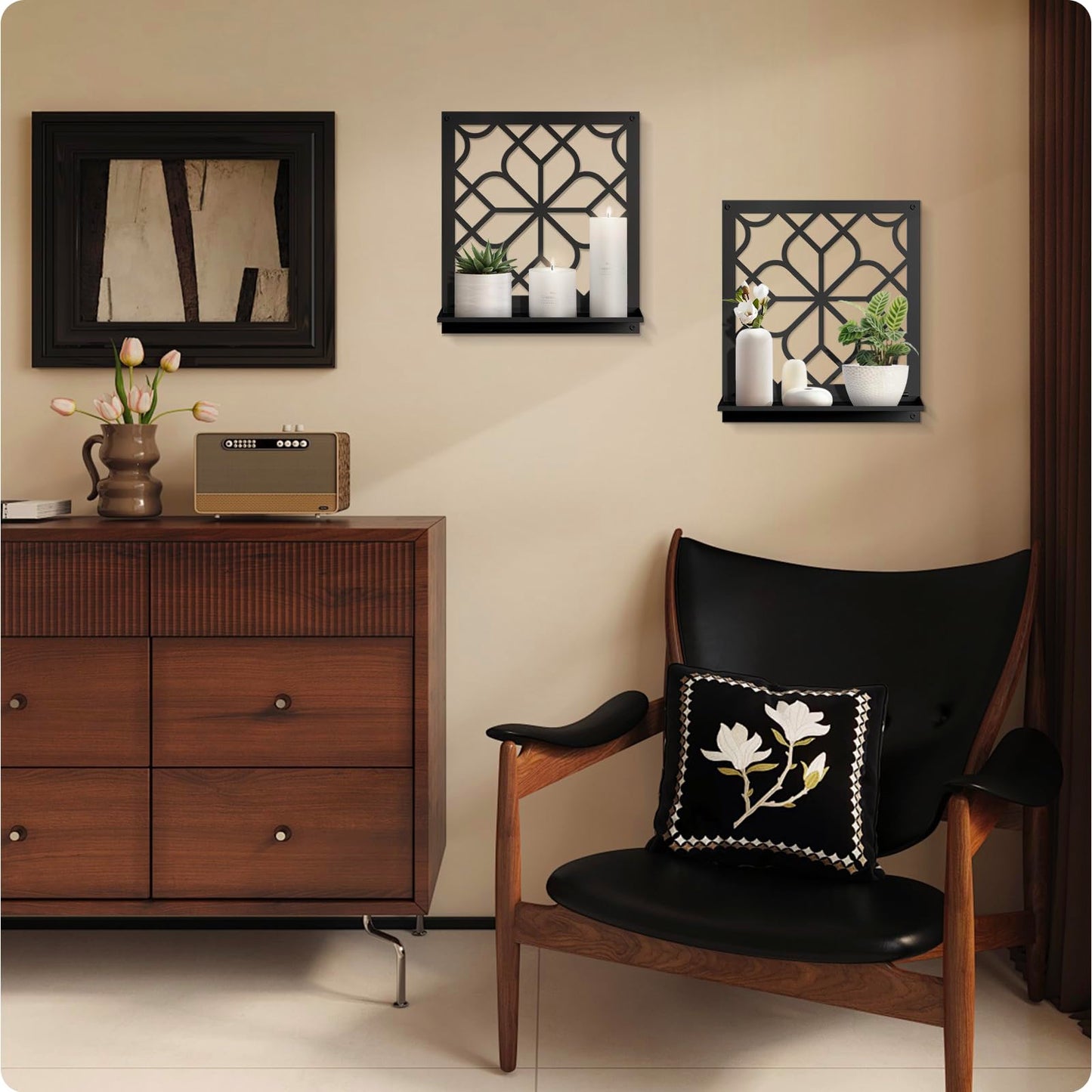 Black Metal Wall Candle Holder Set of 2, Square Rustic Farmhouse Bathroom Wall Decor, Modern Boho Aesthetics Line Art for Entryway, Hallway, Living Room, Bedroom (11.8 x 13 in)