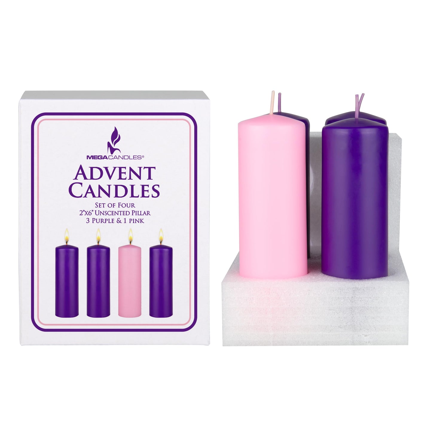 Mega Candles 4 pcs Unscented Christmas Advent Candles Set, Hand Poured Premium Wax Dome Top Round Pillar Candle 2 Inch x 6 Inch, Holidays, Festivities, Devotional, Church, Wreath, Party, Gifts