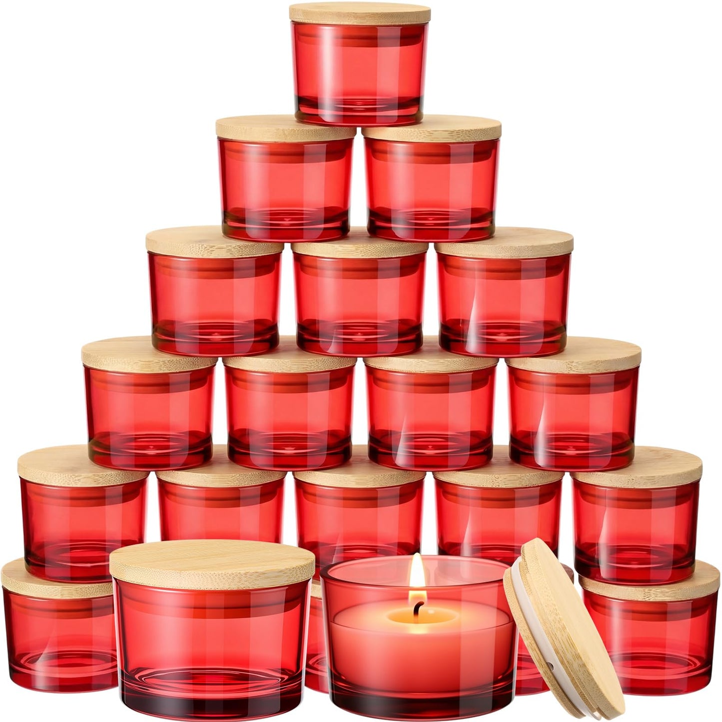 Acellegic 30 Pack 4.73 OZ Thick Candle Jars for Making Candles, Candle Jar, Wide Mouth Glass Empty Jars with Bamboo Lids for Making Candles, Bulk Container Dishwasher Safe (Red)
