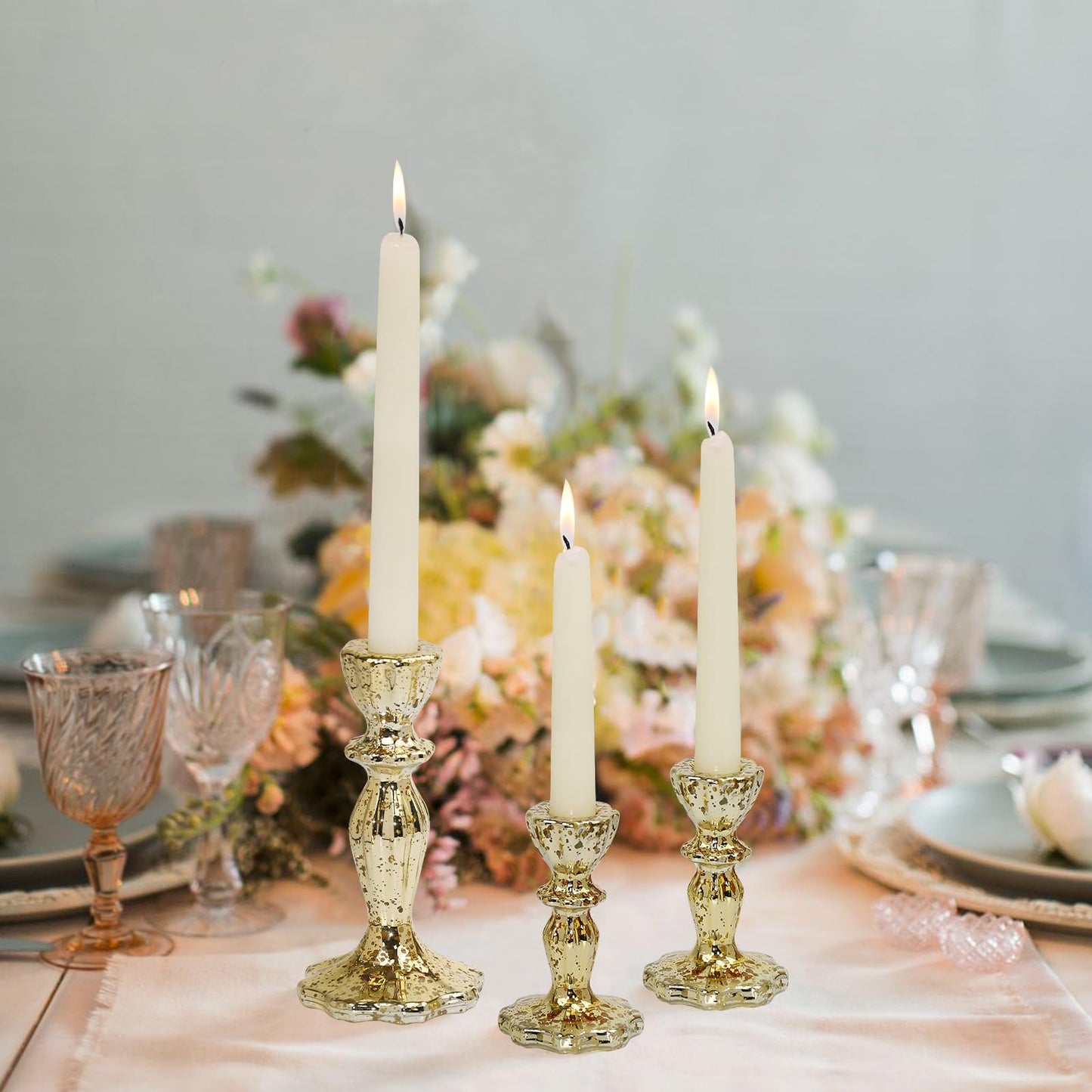 CHOCSTAY Candlestick Holders Set of 3, Gold Glass Mercury Candle Holders for Candlesticks, Table Centerpiece, Home Decor, Wedding, Birthday, Party, Christmas