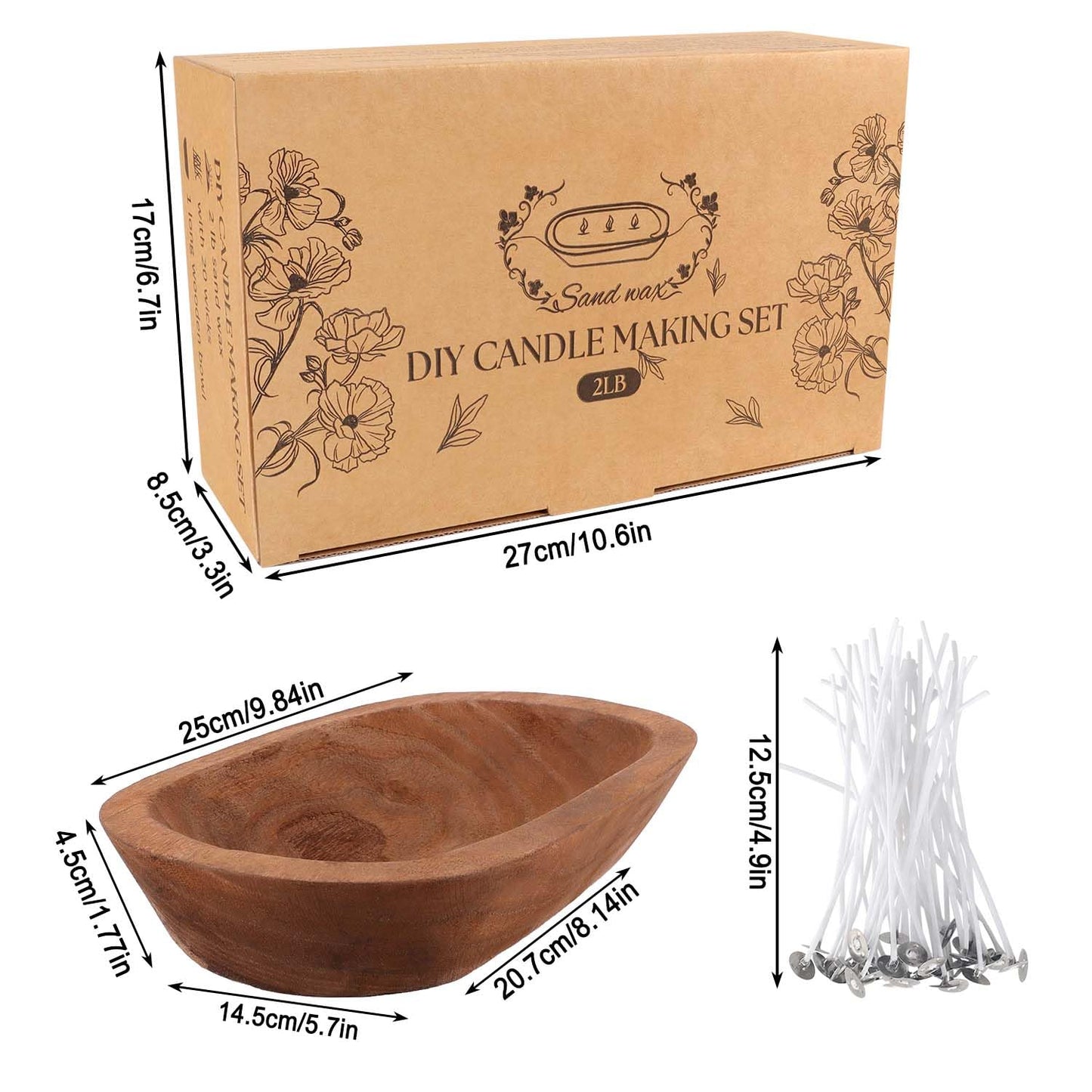 Wfmolcand Sand Wax Candle Making Kit - 2LB Snow Wax with Wooden Bowl & 20 Wicks, DIY 3-Wick Scented Candle Set for Adults Beginners, Easy No-Melt Home Decor Gift for Birthday Christmas Housewarming