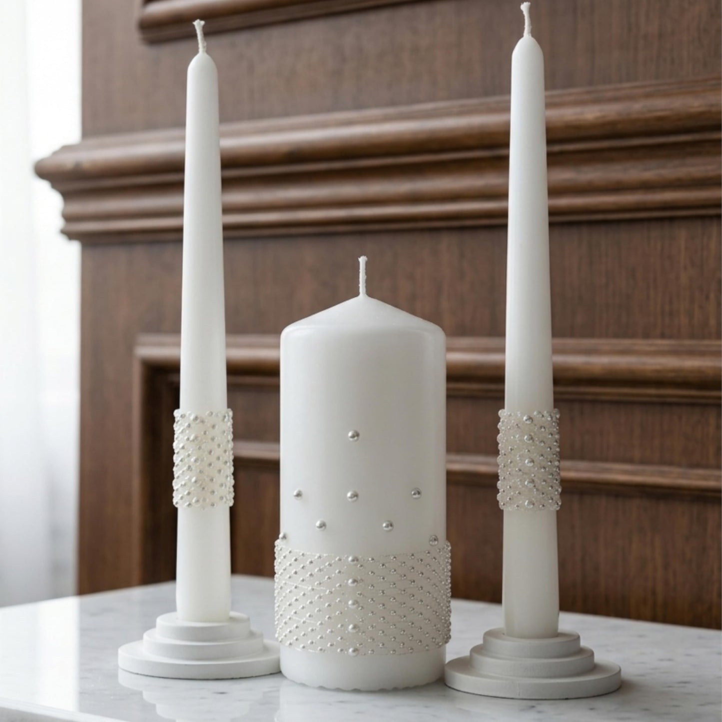 Magik Life Unity Candle Set - Wedding Ceremony & Reception Candle– 6” Pillar & Two 10” Taper Candles – Long Burning Unity Candles for Marriage Ritual – Handmade in USA – White |Pearls| Luxury