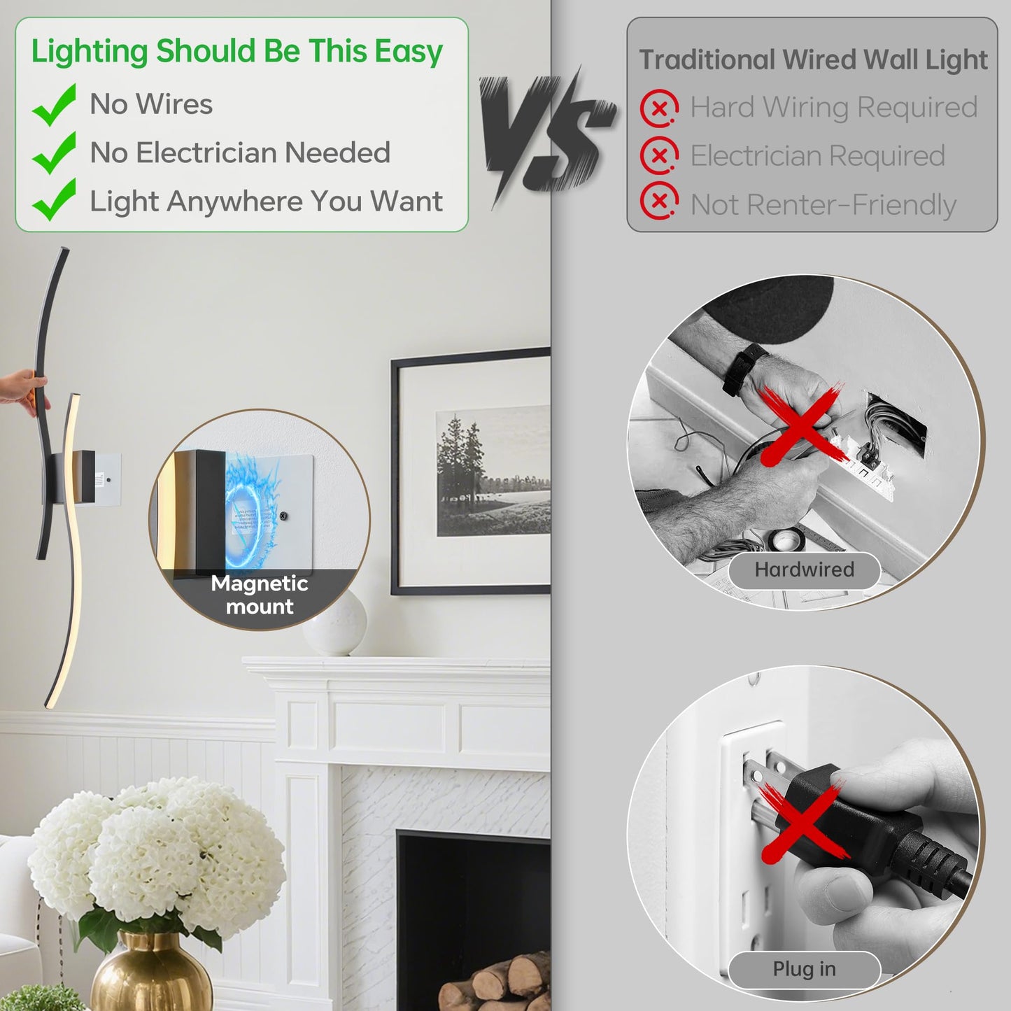 GLOTHOR Battery Operated Wall Sconces Set of 2, Dimmable Modern LED Rechargeable Wall Light with Remote Control, Wall Decor for Living Room, Hallway, Quick Install, No Electrician Required
