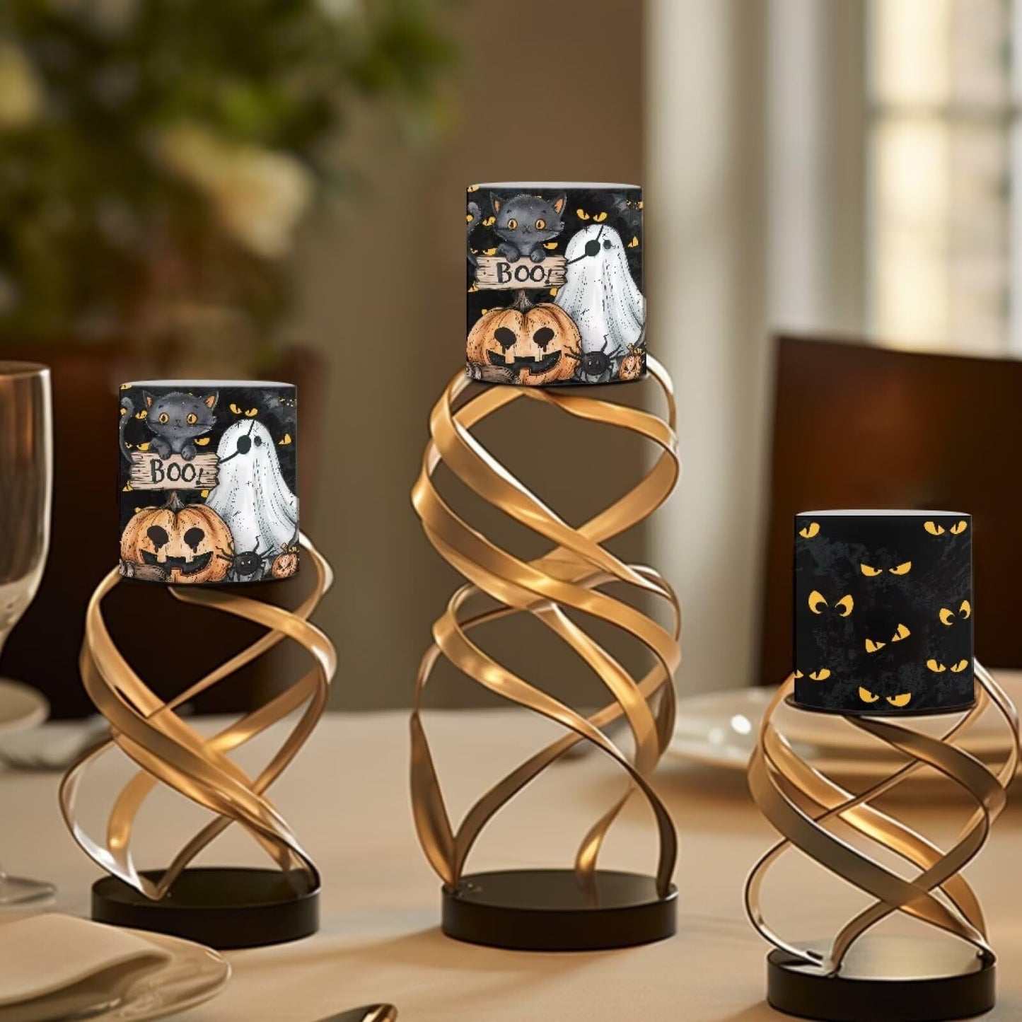 Merkmak Halloween Ghost Pumpkin Flameless Candles with Remote Battery Operated Candles with Timer Pack of 4 LED Pillar Tea Lights for Indoor Outdoor Party Home Living Room Decorations