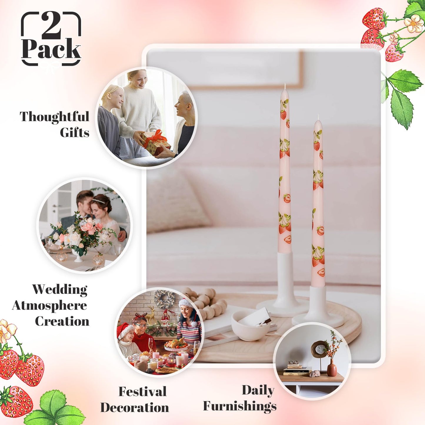Taper Candles 10 Inch Print Candle Handmade Unscented Light Pink Strawberry Long Candles 2 Pack Twisted Candlesticks for Wedding Home Decoration Gifts
