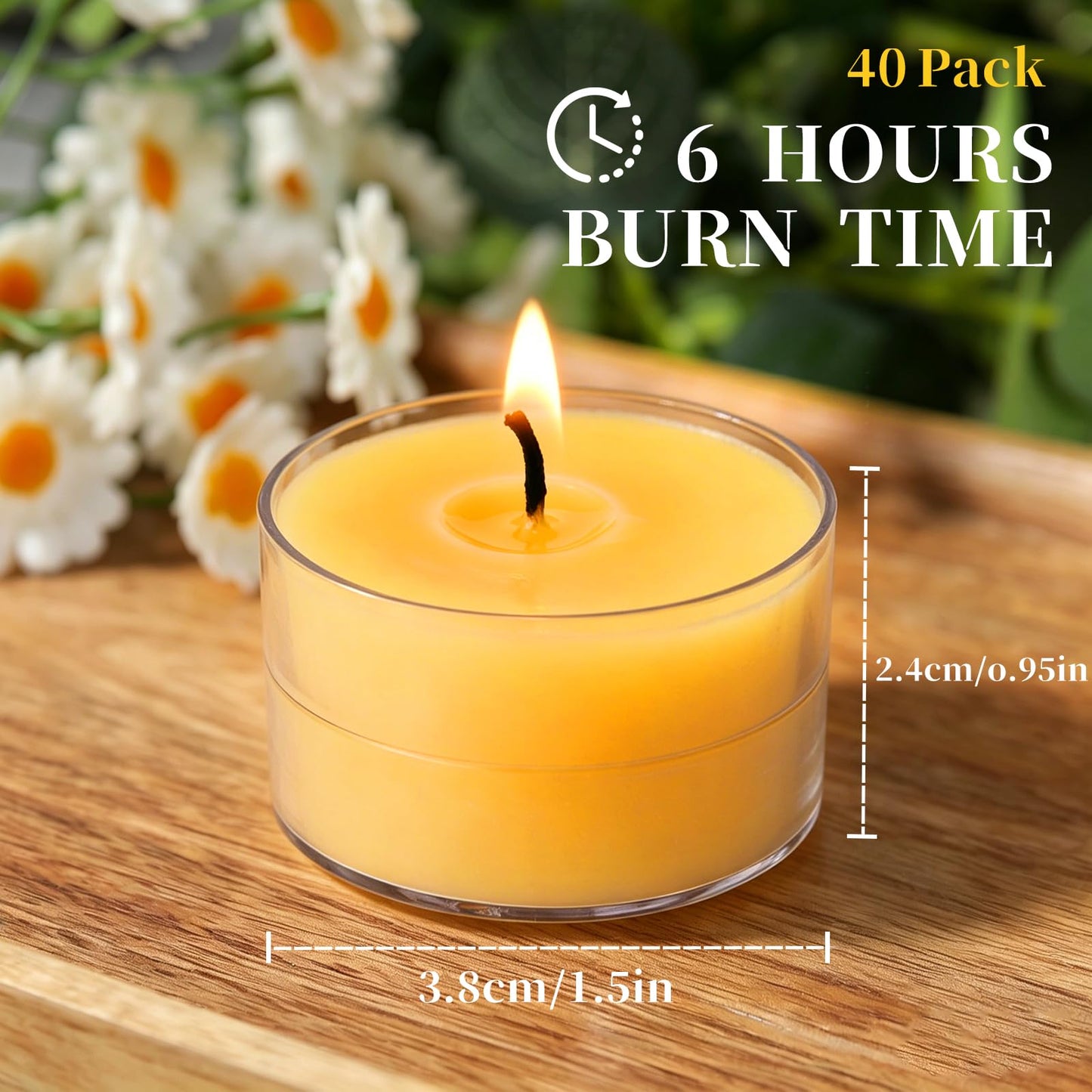 6 Hours Beeswax Tealight Candles Bulk, 40 Packs 100% Pure Beeswax Tea Lights Candle in Clear Cup,Natural Scent Bees Wax Candles Smokeless Clean Burning for Wedding Church Home Decor, Air Purification