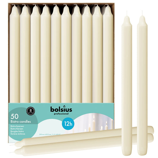 BOLSIUS Ivory Candlesticks Bulk Pack 50 Count - Unscented Dripless 11.5 Inch Household & Dinner Candle Set - 12+ Hours - Premium European Quality - Consistent Smokeless Flame - 100% Cotton Wick