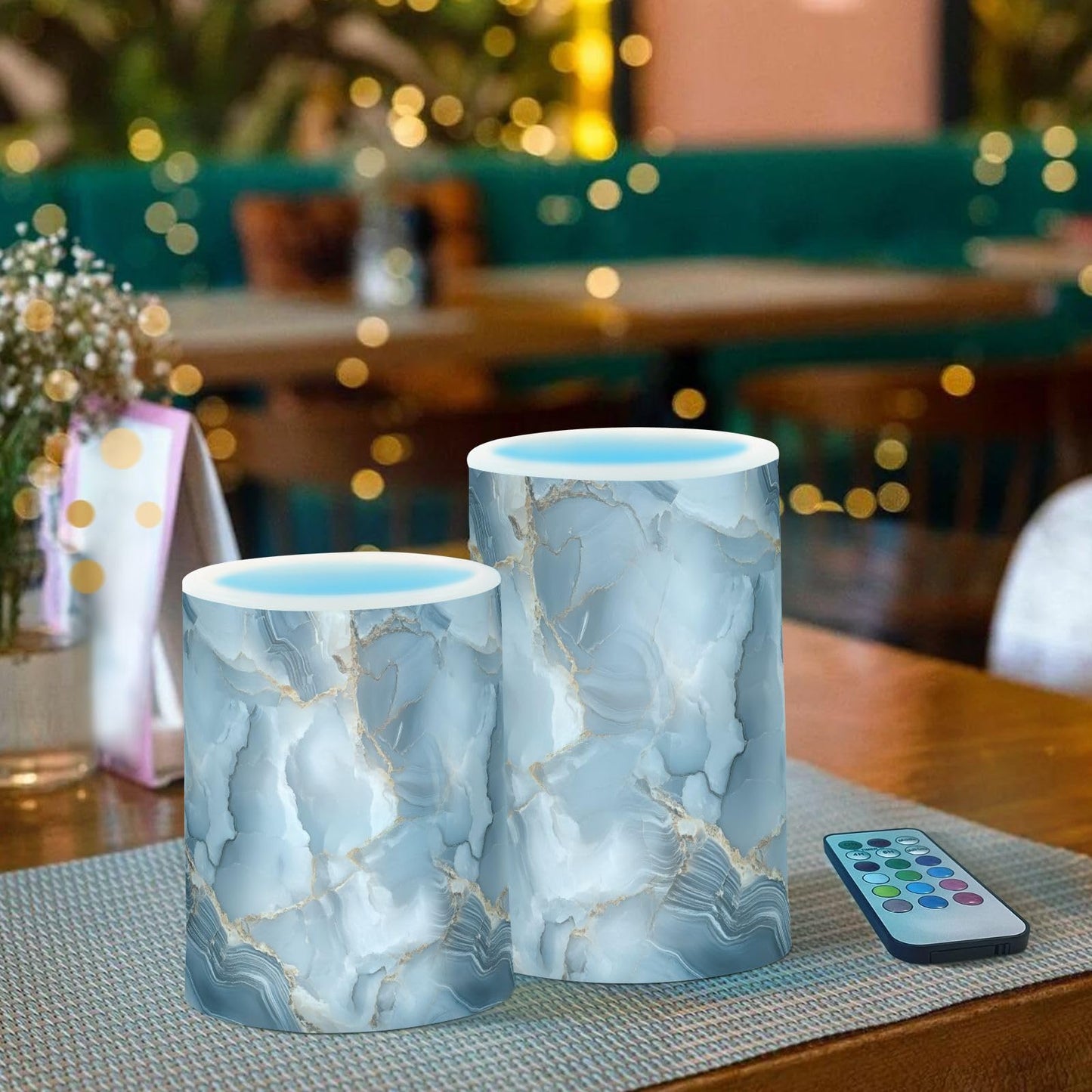 zyrtty 2 Pack Plastic Flameless Candles Dark Blue White Gold Marble Battery Operated with Remote and Timer Real Wax LED Flickering Pillar Candles Set Window Christmas Holiday Decor