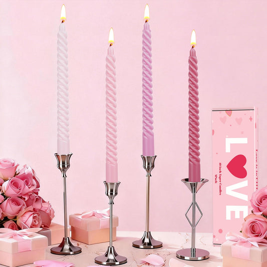 Valentines Taper Candles, 4 Packs Pink Spiral Twisted Taper Candles Set, Long Lasting Unscented Candlesticks 10 Inch Tall for Dinner Home Kitchen Decor Wedding Party Church Valentines Day Decorations