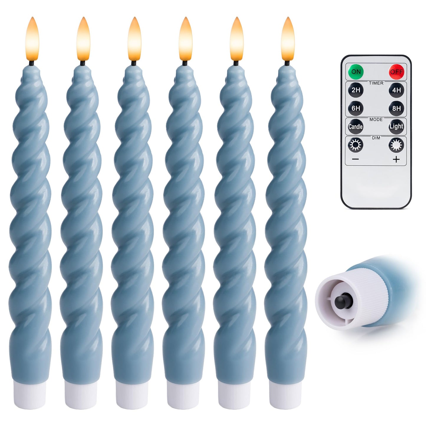 WYZworks 10" Flameless LED Taper Candles – Full Twisted Spiral – Dusty Blue, Set of 6 – Remote, 2/4/6/8-Hr Timer (24-hr Memory), Bottom On/Off Button, Dimmable, Battery Operated, Flicker/Steady