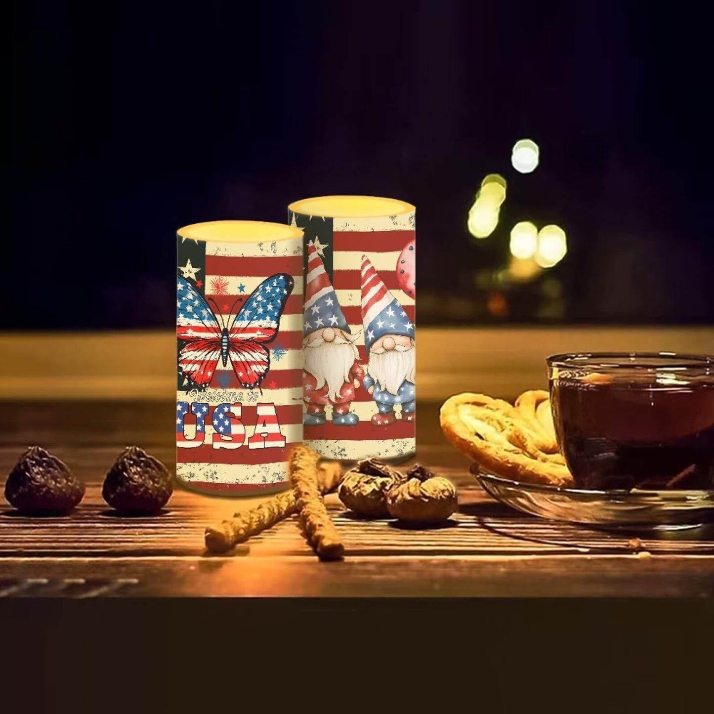 NETILGEN 2 Pcs Flameless Candles with Battery Powered Pillar Candles with Timer Remote American Flag Butterfly Gnome Print July 4th Patriotis USA Flag Memorial Day Decor