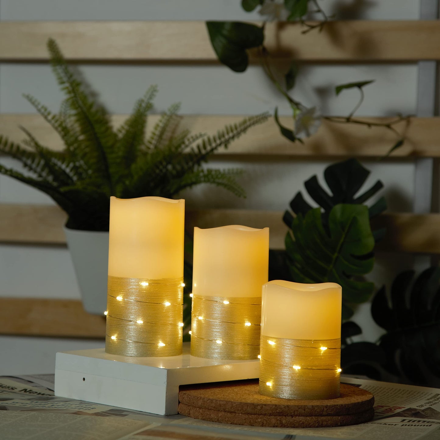 H-BLOSSOM Flickering Flameless Candles Ivory Real Wax Pillar with Embedded String Lights LED Candles Battery Operated with 10 Key Remote and Cycling 5H Timer Set of 3 (3" x 4"/5"/6") (Gold)