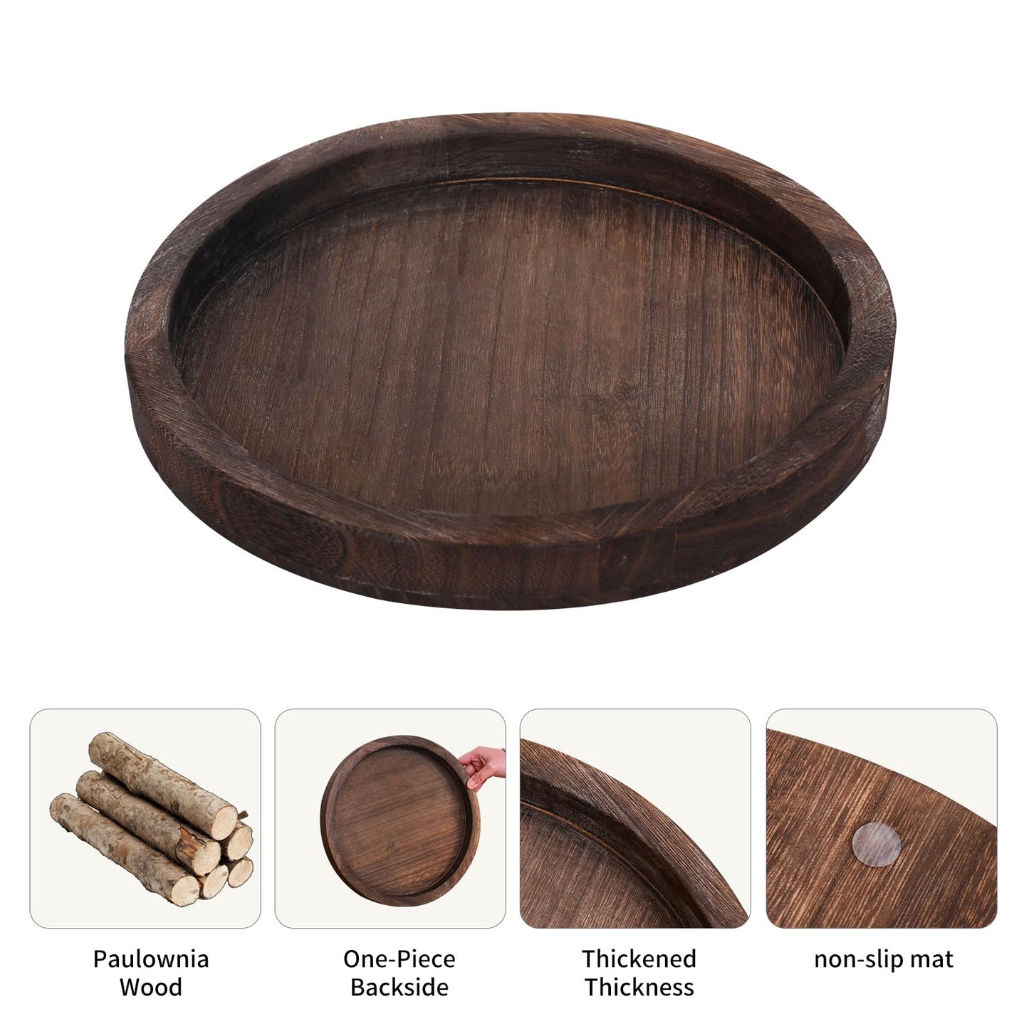 Rustic Wooden Serving Tray – Handcrafted Round Farmhouse Tray, Lightweight Paulownia Wood Decorative Tray for Coffee Table, Candle Holder, Breakfast in Bed, and Multi-Purpose Home Decor