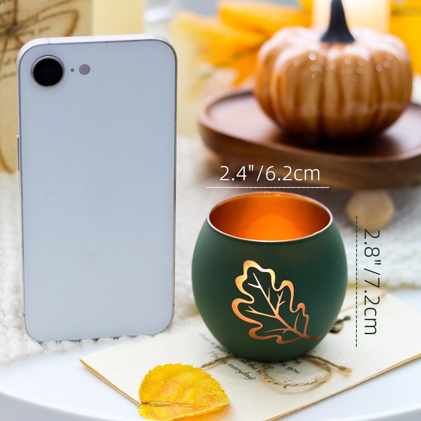 Fall Candle Holders Set of 4, Glass Tealight Votive Holders, Indoor Outdoor Thanksgiving Table Decor with Laser-Etched Maple Leaf and Pumpkin Design, Autumn Party Wedding Table Centerpieces (Brown)
