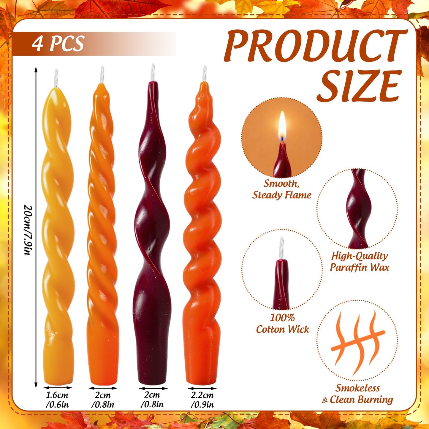AnyDesign 4Pcs Fall Twisted Taper Candles Autumn Orange Red Yellow Wax Long Unscented Spiral Swirl Candlesticks for Thanksgiving Holiday Dinner Party Home Decor