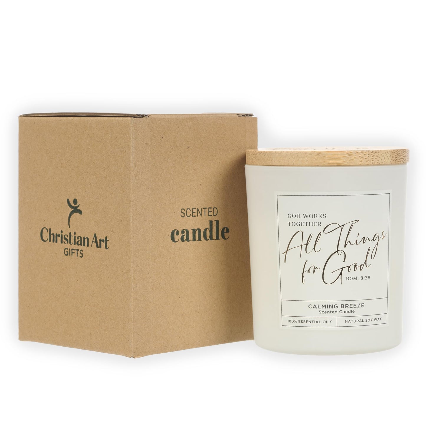 Christian Art Gifts Soy Wax Scented Candle: Romans 8:28 Bible Verse, Calming Breeze Scent, Pure Essential Oils, 4.5 oz, Up to 20 Hours Burn Time, Glass Jar w/Bamboo Lid, Encouragement Gift