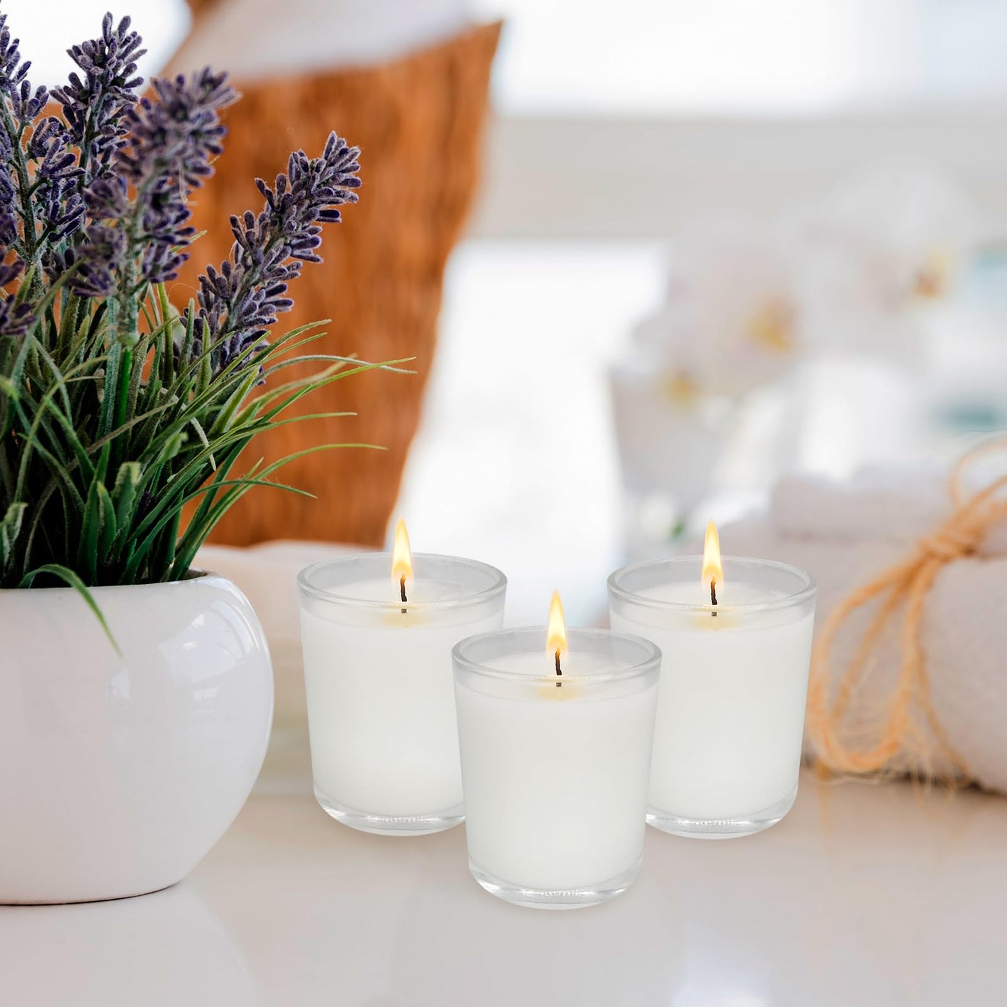 Set of 12 White Votive Candles Clear Glass Filled Unscented Soy Wax Candle for Home Décor Spa Weddings Birthday Holidays Party and DIY