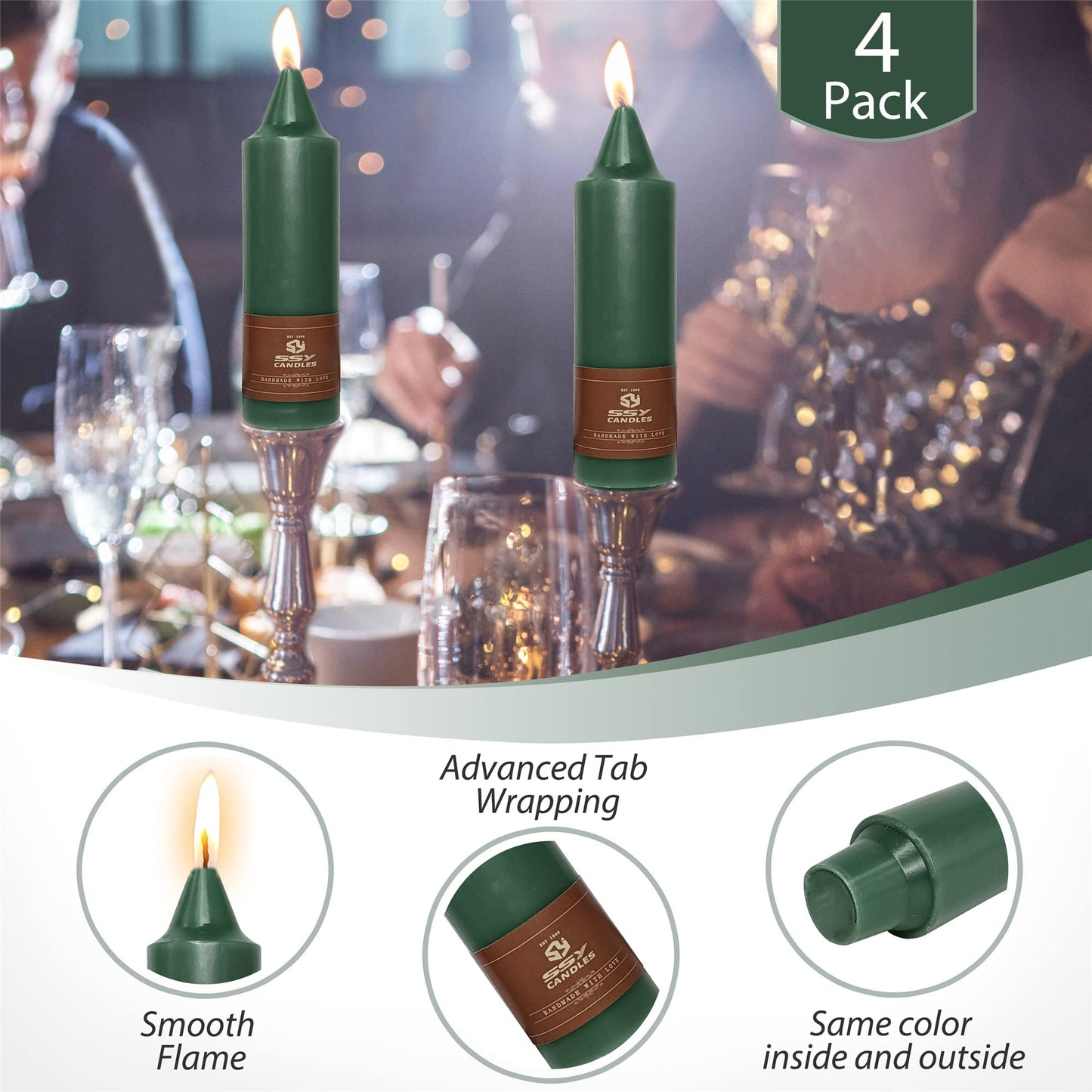Gedengni Candlesticks Short Taper Candle,4pcs Dark Green Candle Sticks 5 Inch Unscented Tapered Candle for Home Décor Weddings Holiday Women Gifts,7D4PC-DARKGREEN