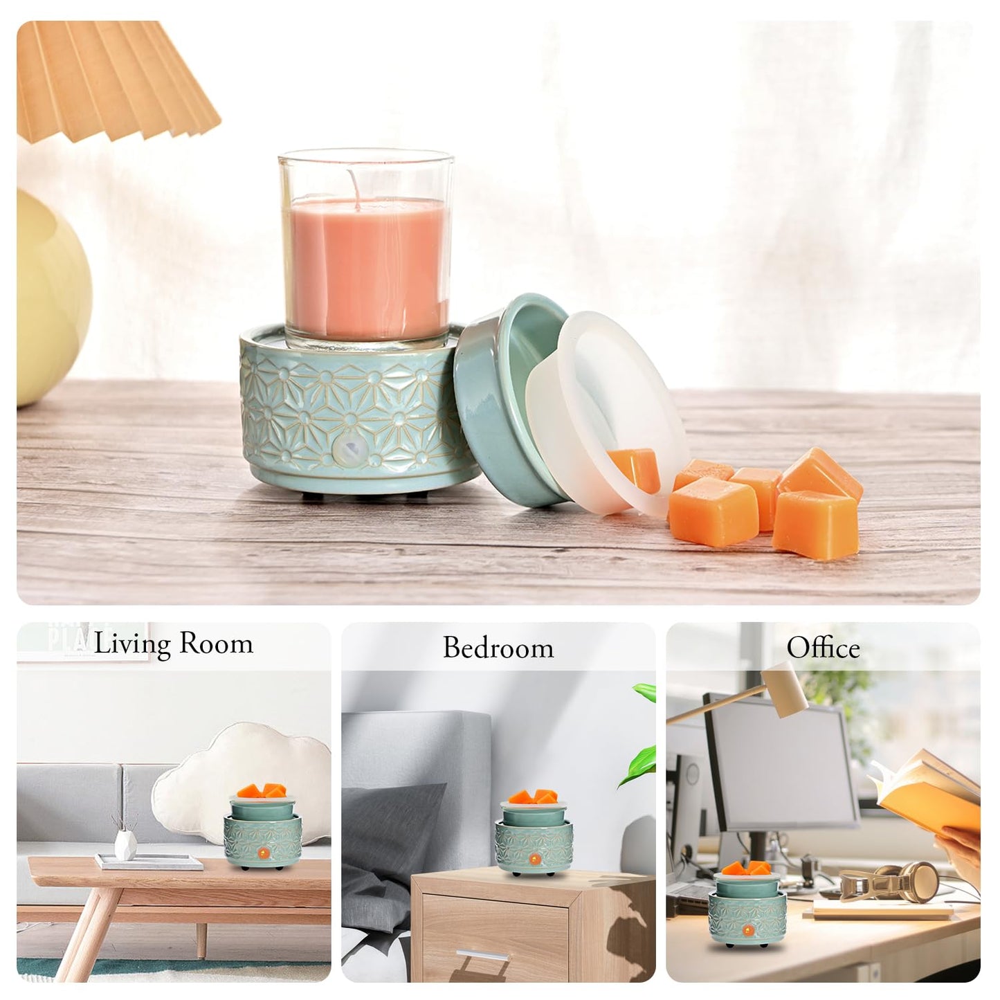 ASAWASA Wax Melt Warmer with 1 pc Silicone Dish,3-in-1 Ceramic Wax Melter Burner for Kitchen Home Spa Yoga Gift (Cyan Hexagon Pattern)