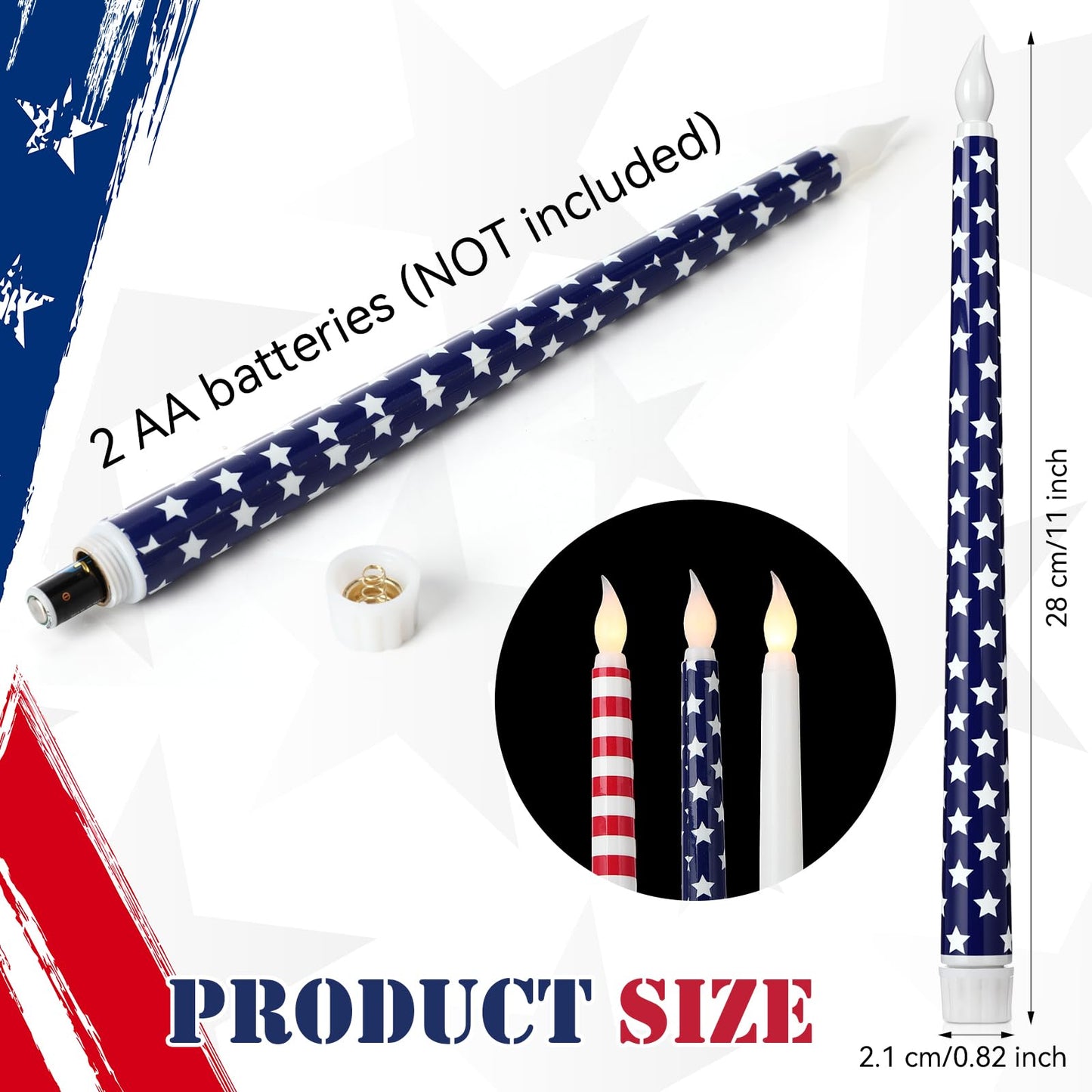 Kittmip 6 Pcs 4th of July Patriotic Flameless Taper Candles 11'' Red White Blue Battery Operated LED American Flag Stars Candles Real Wax Table Centerpiece for Independence Day Party Decor