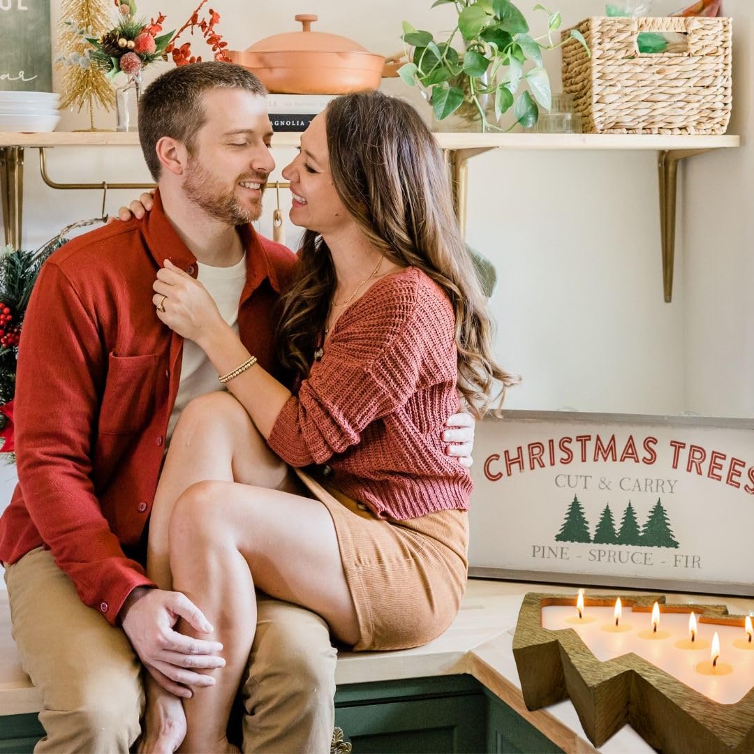 Dough Bowl Candle Co. Christmas Tree Shaped Candle - 14x10x2 6 Wick Brown Large Wooden Bowls for Decor, Mistletoe, Pine, Fir, Cedarwood Scented Decorative Wood Bread Bowl, Rustic Vegan Holiday Gift