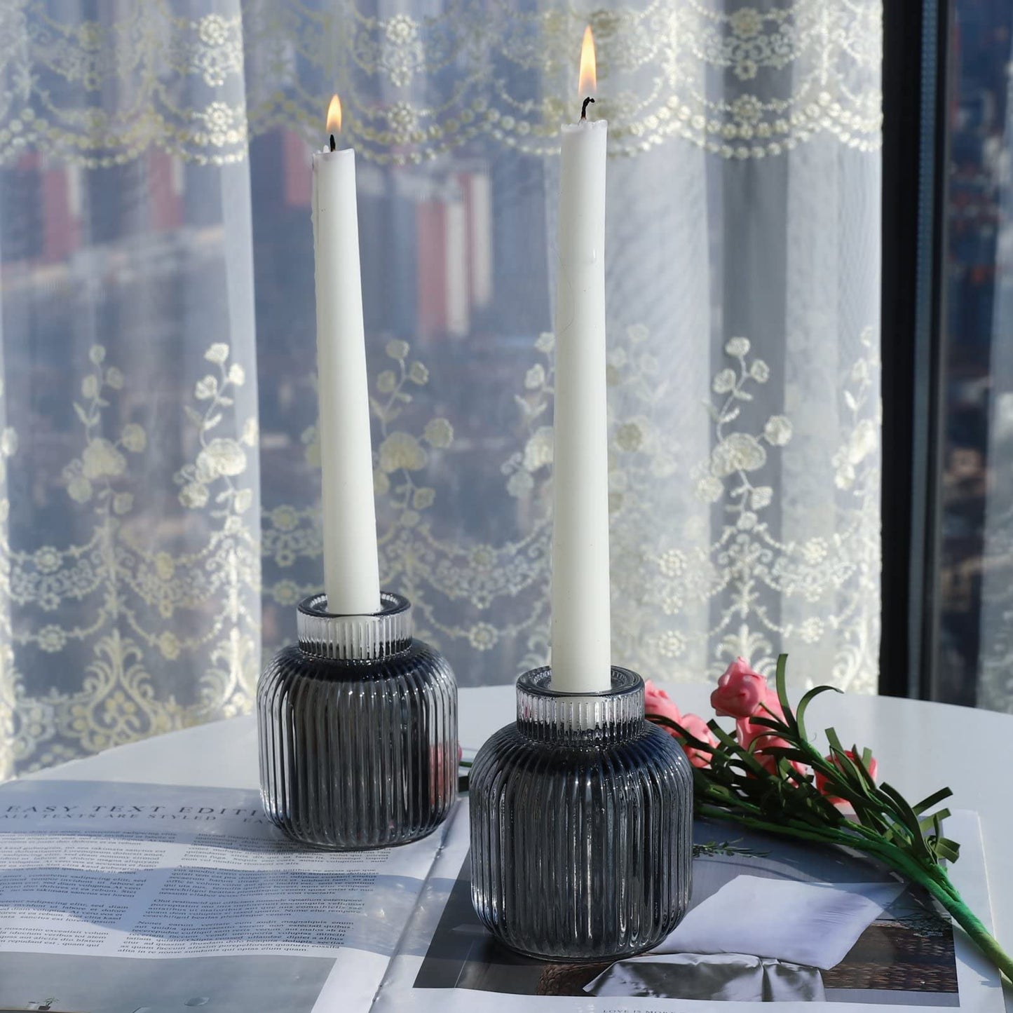 Woho Grey Votive Candle Holders for Table Centerpiece Set of 2, Glass Votive Candle Holder for Home Decor, Tealight Candle Holder Bulk for Birthday