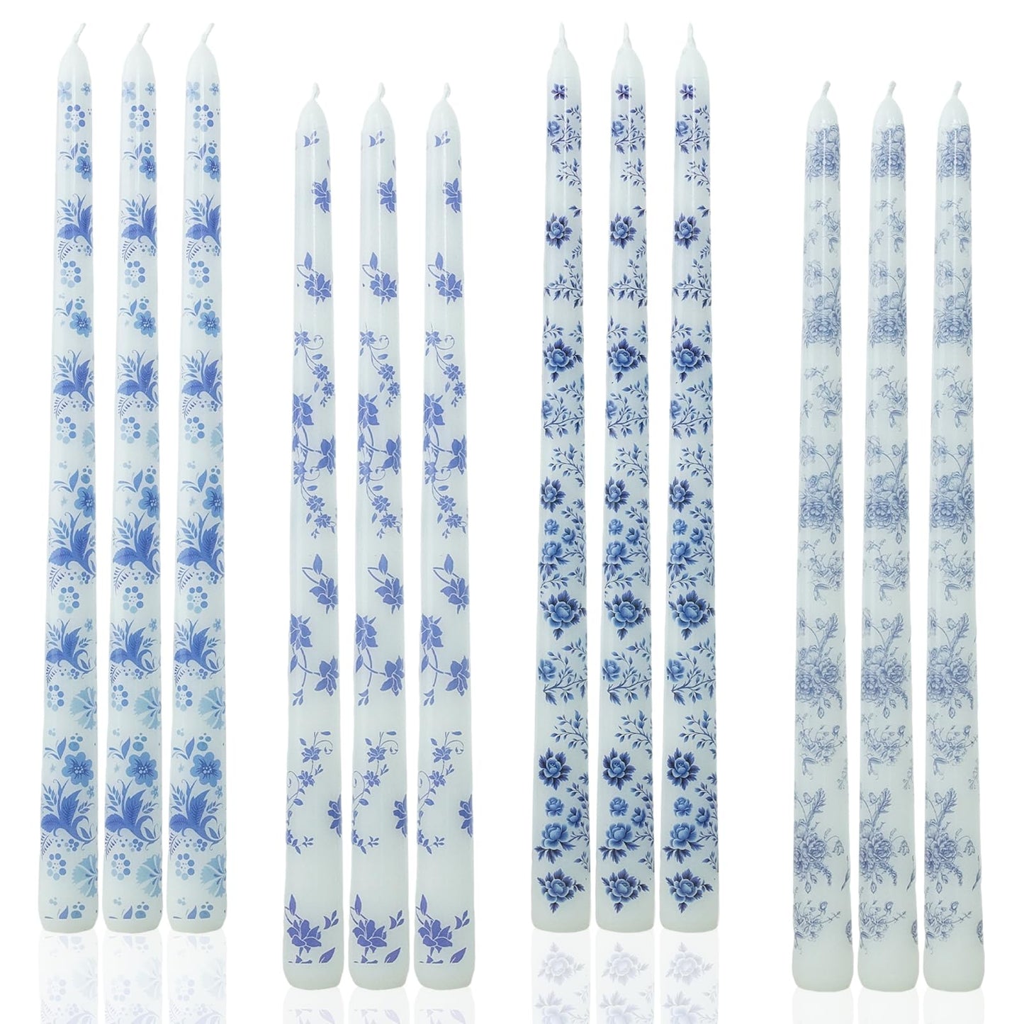 LPUSA 12inch Blue and White Porcelain Long Taper Candlesticks Chinoiserie Dripless Candle Decorations Unscented Taper Candles for Party Gift Home Decor-12 pcs