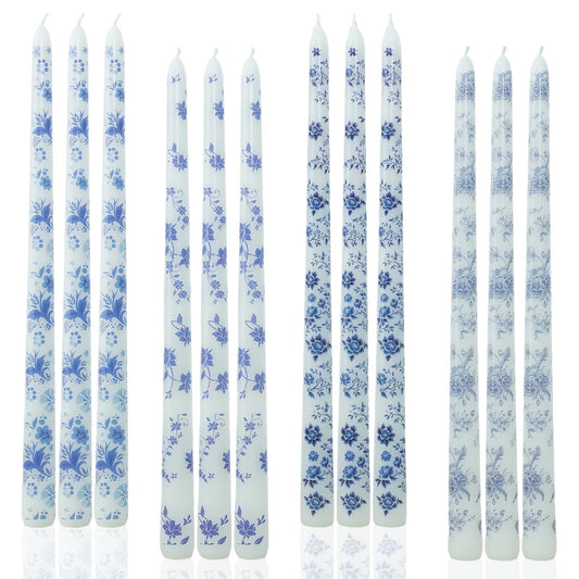 LPUSA 12inch Blue and White Porcelain Long Taper Candlesticks Chinoiserie Dripless Candle Decorations Unscented Taper Candles for Party Gift Home Decor-12 pcs