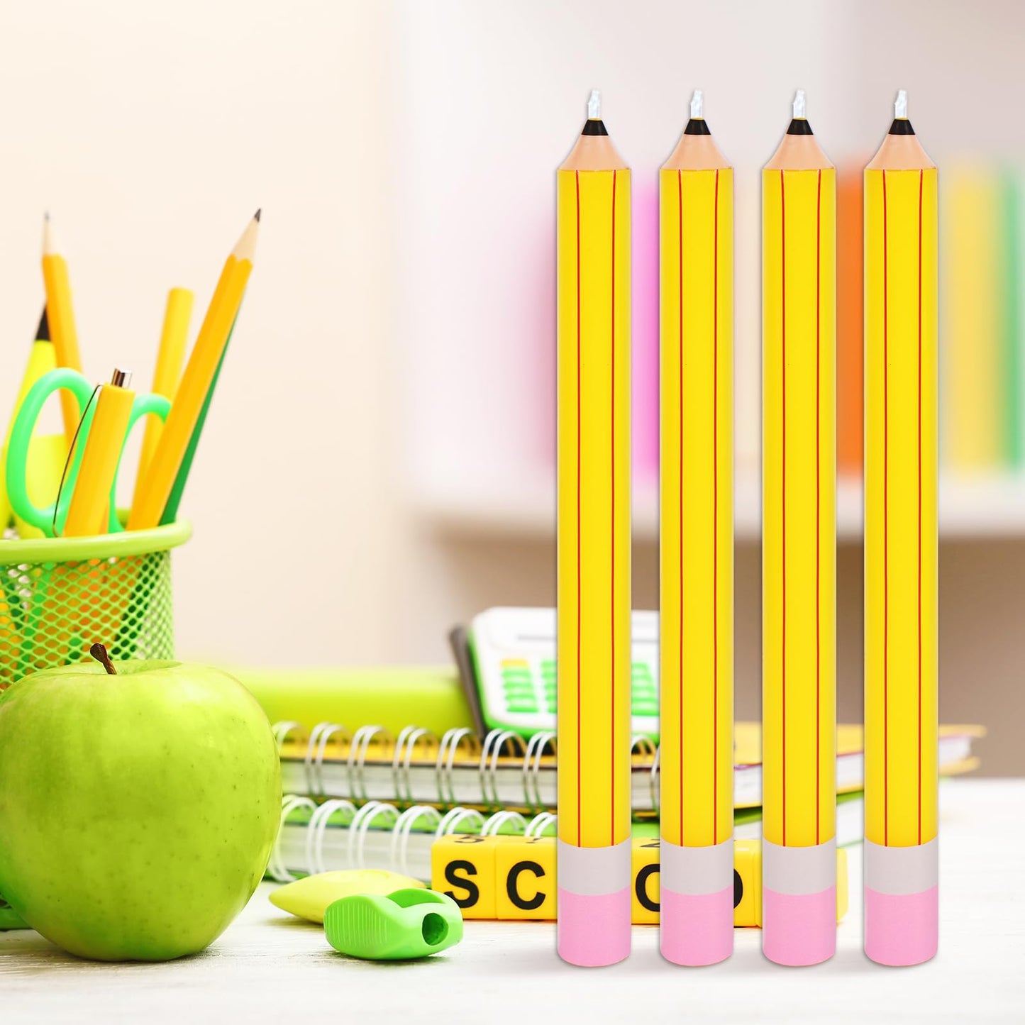 JarThenaAMCS 8Pcs Pencil Taper Candles 10 Inch Cute Pencil Unscented Candle Sticks for Back to School Classroom Home Party Table Decor