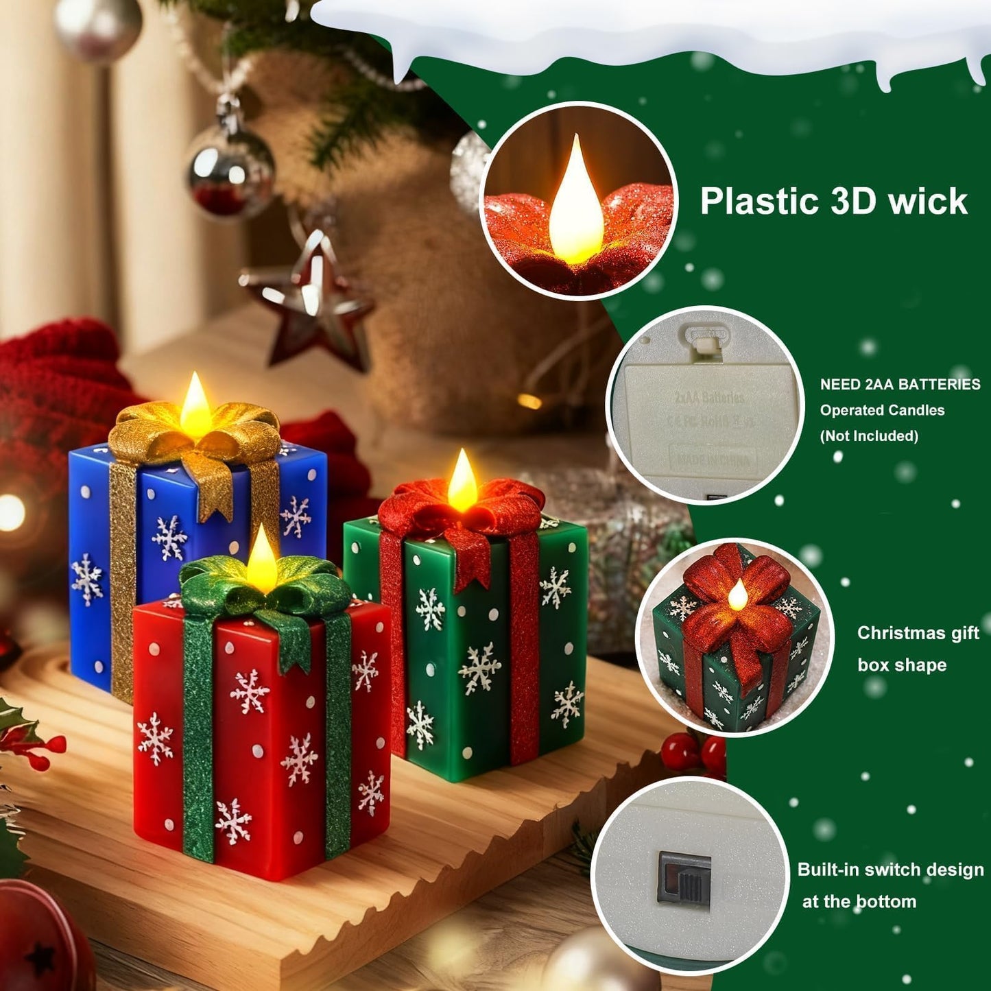 LCZLUMIPRO 3 Pcs Elegant Gift Box Flameless Candles with Remote Timer - Hand-Painted Real Wax LED Candles, Battery Operated for Christmas, Home, Party Decor (Red/Green/Blue)