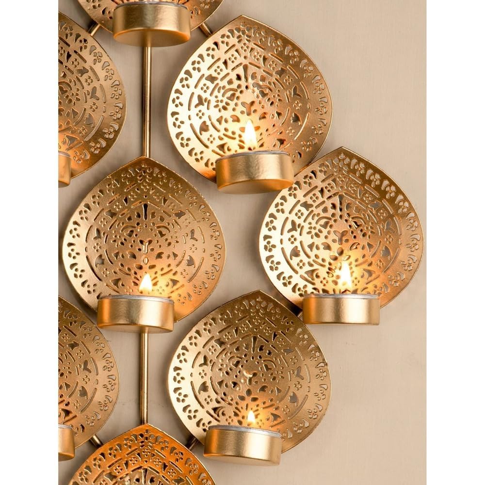 Metal Wall Decor Tea Light Holder, 9 Leaf Design, Gold, Wall Mounted Candle Arrangement