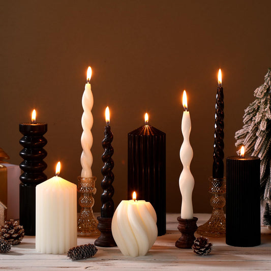 Nuanchu 9 Pcs Modern Decorative Candles Set 5 Pillar Aesthetic Ribbed Candles 4 Spiral Taper Twisted Candlesticks Scented Smokeless Soy Wax for Wedding Holiday Dinner Home Decoration(Halloween Color)