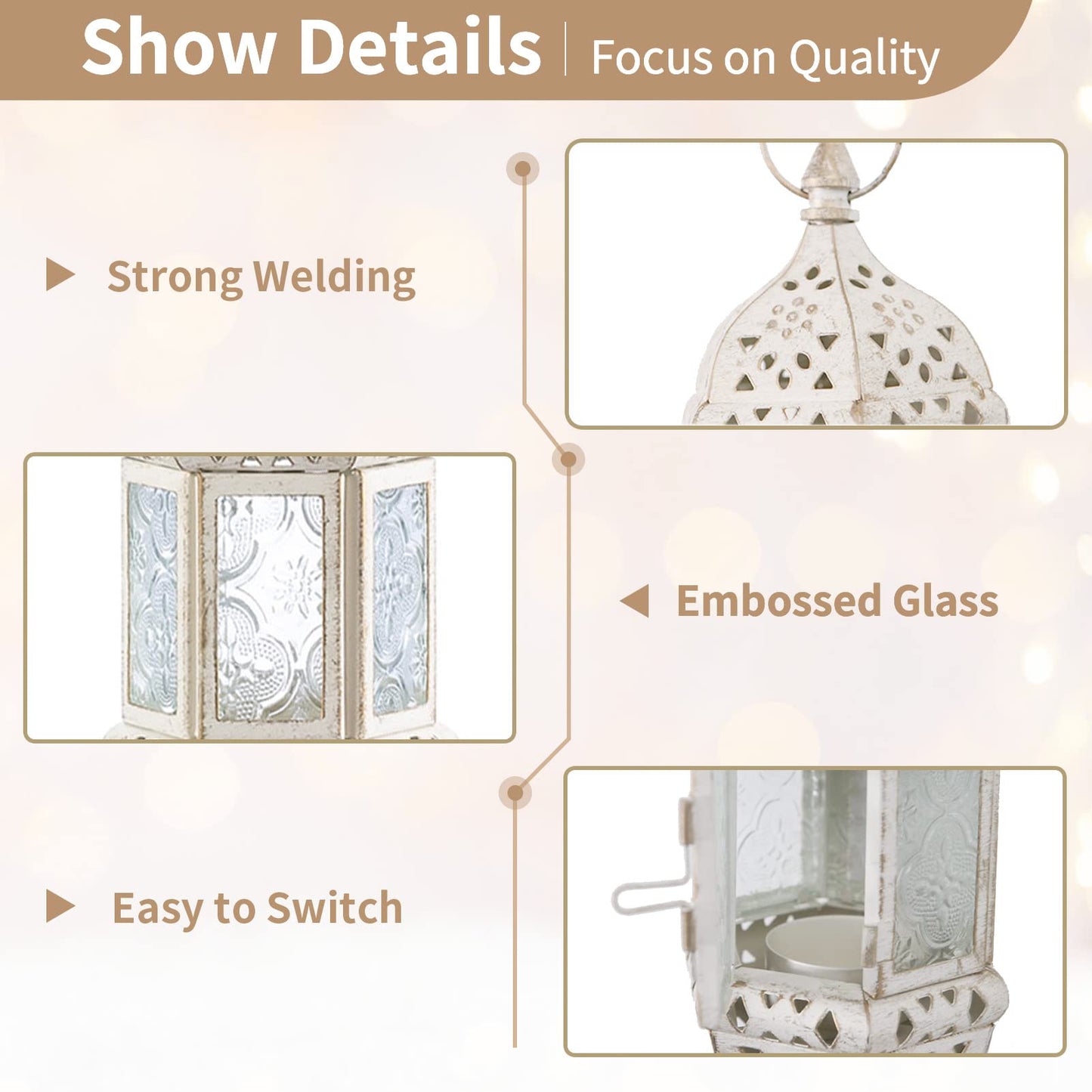 2 Pcs Moroccan Lantern Metalwork Hanging Tealight Candle Holder Metal Glass Indoor Outdoor Battery Operated LED Flameless with 35cm Chain, White
