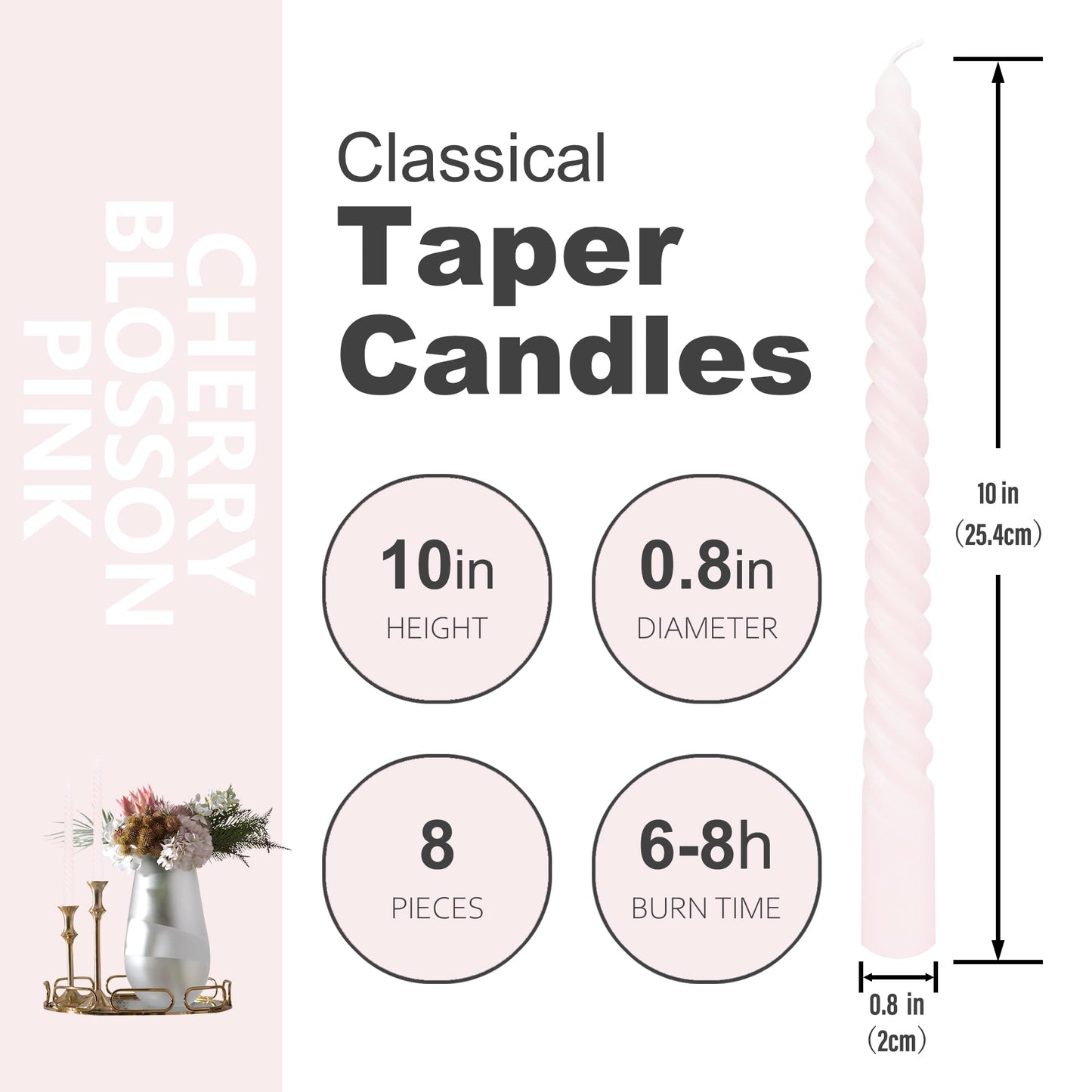 10 Inch 8 Pack Pale Pink Spiral Taper Candles for Dinner Home Decor Wedding Shower Christmas Candlesticks, Baby Shower, Birthday Party Candles